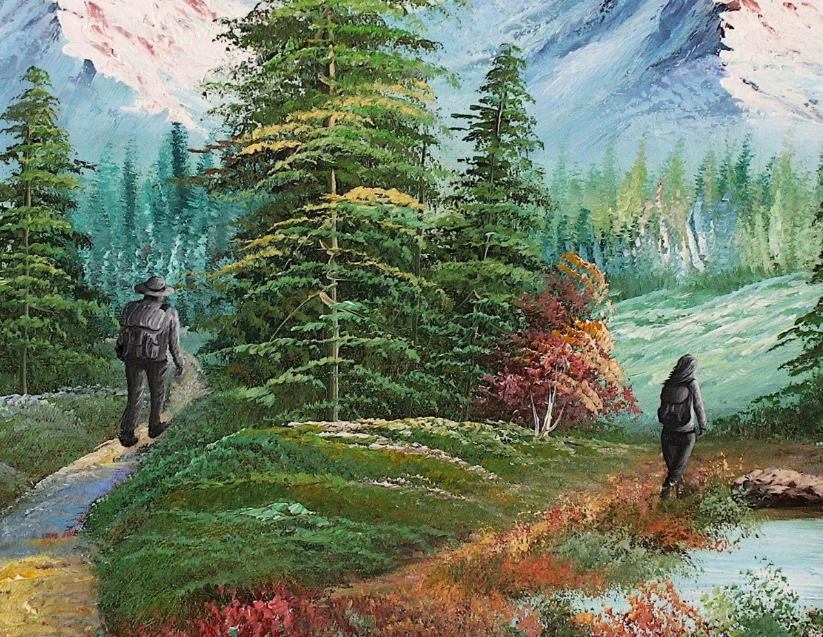 Original-Ölgemälde von zwei Personen, die in unterschiedliche Richtungen gehen, als Beispiel für Storytelling in der Landschaftsmalerei.