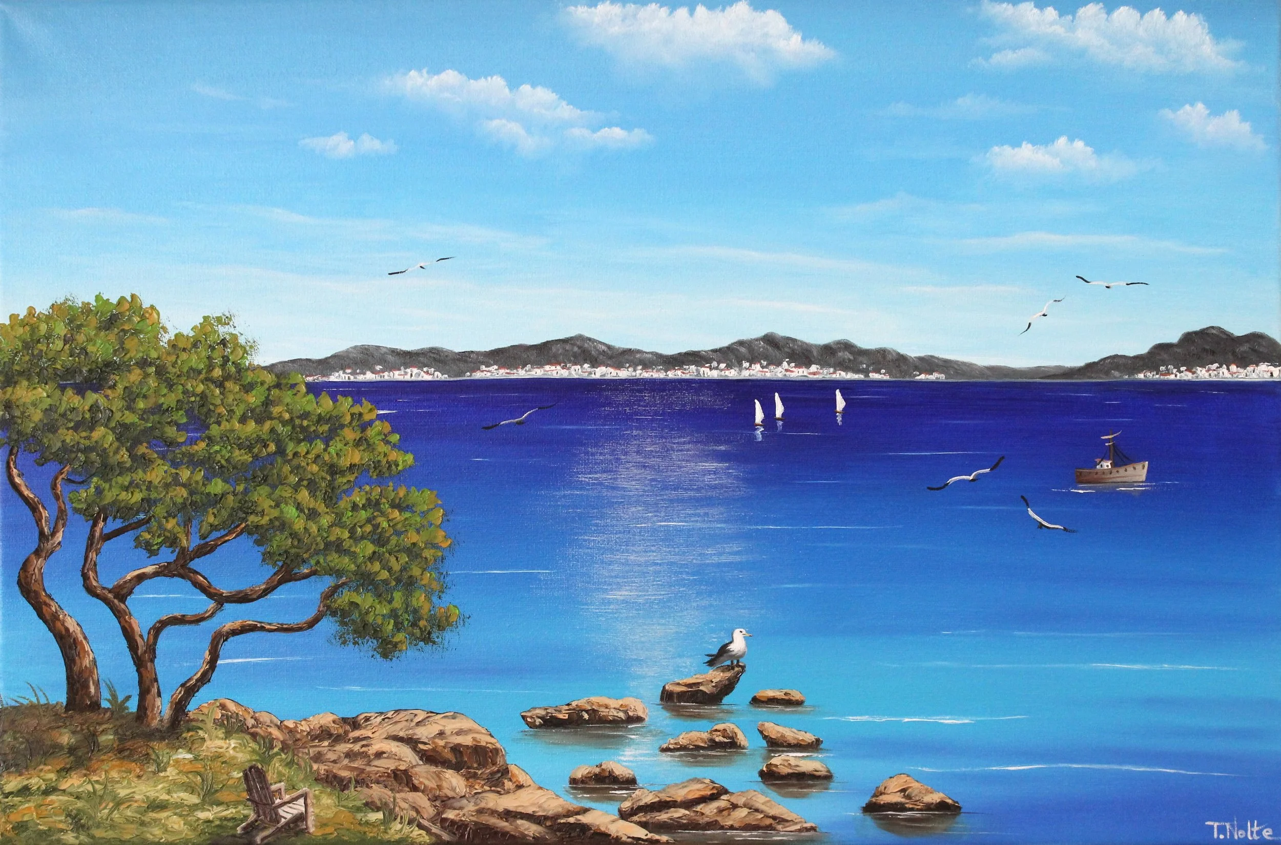 Landschaftsgemälde einer sommerlichen Meeresbucht mit Baum, Felsen und glitzerndem blauem Wasser