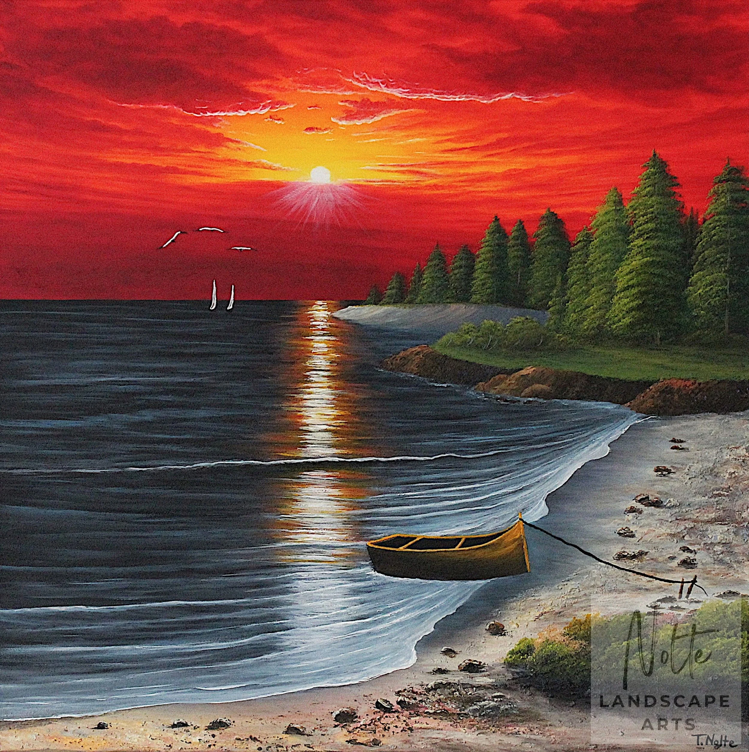 Handgemaltes Acrylgemälde mit intensiv rotem Sonnenuntergang über dem Meer, einer Küstenlandschaft mit Tannen, einem kleinen Holzboot am Ufer und Möwen am Himmel.
