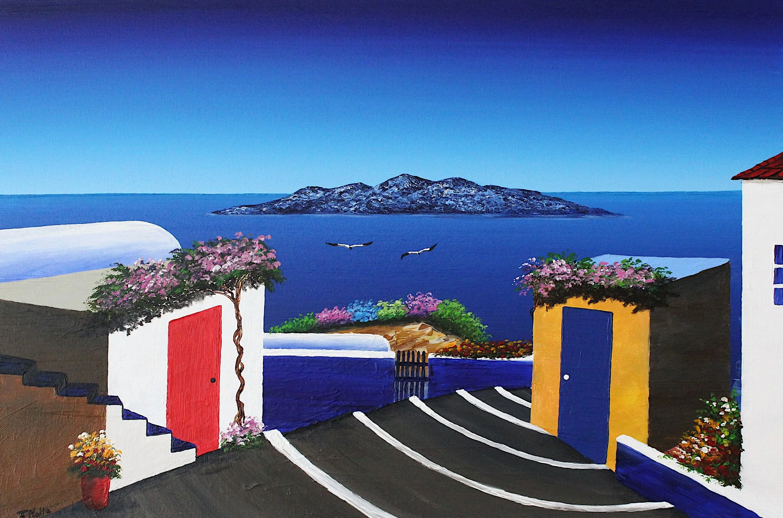 Acrylgemälde einer mediterranen Küstenlandschaft mit bunten Hausfassaden und Blumen, einem ruhigen Meer und einer Insel unter tiefblauem Himmel.