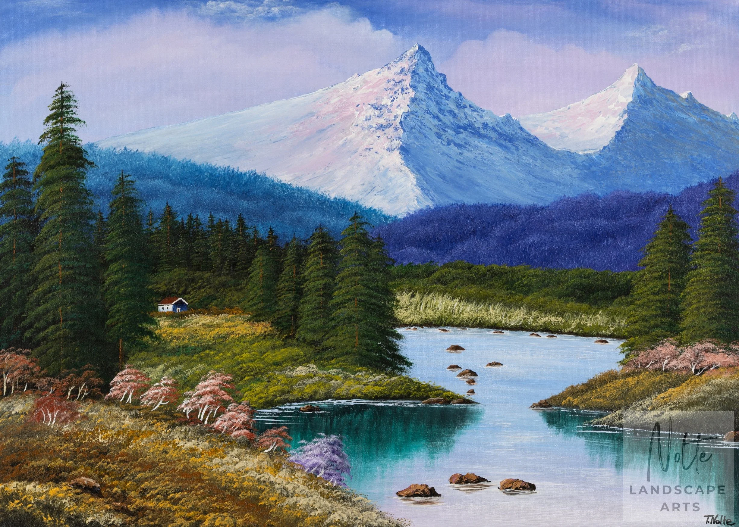 Original artwork by Tobias Nolte titled “Lodge in the Fir Forest”. A hand-painted acrylic painting (70x50 cm) featuring big mountains and a large forest of fir trees around a small lodge near a lake, perfect for romantic landscape art lovers.