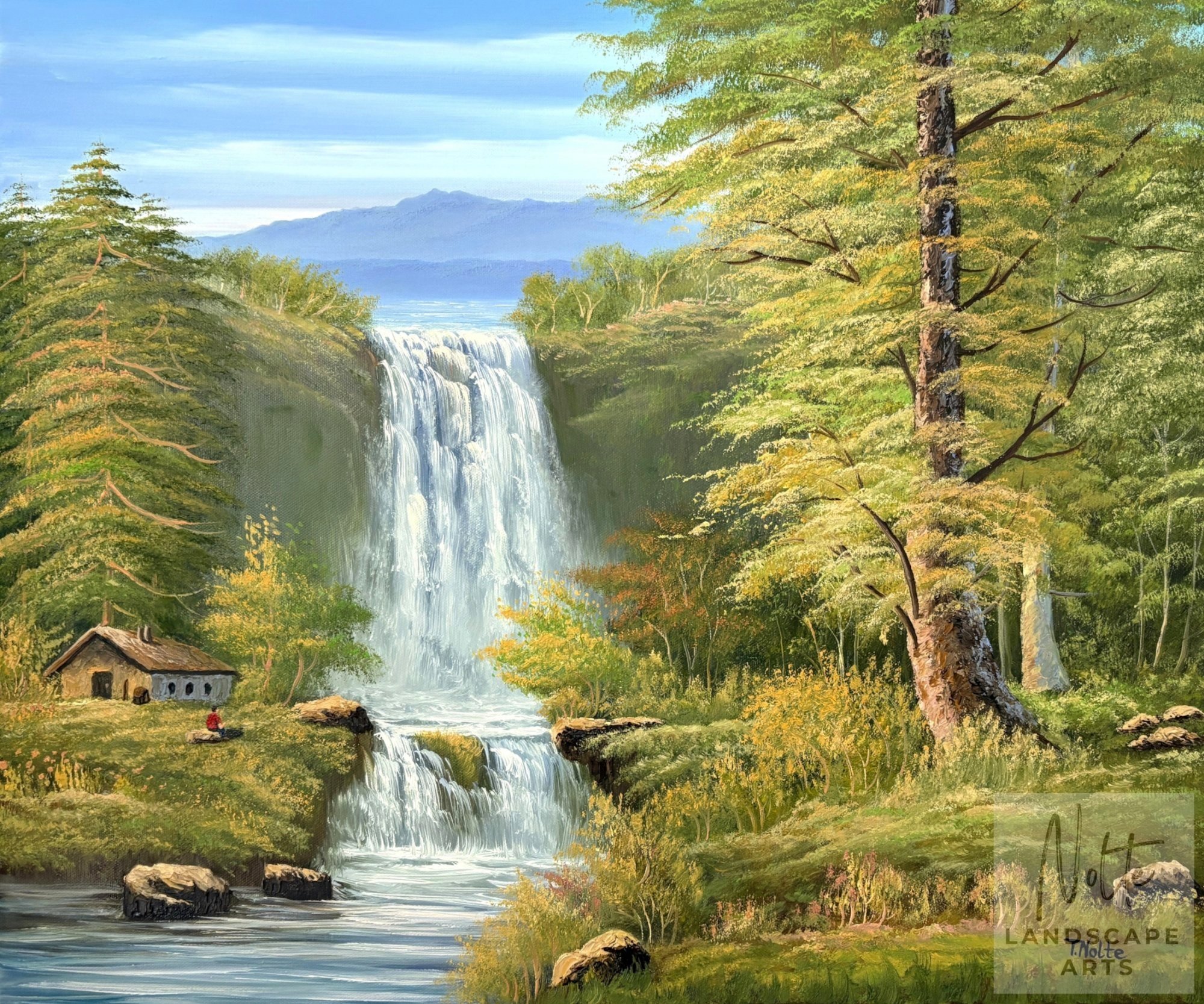 Handgemaltes Ölgemälde eines großen Wasserfalls inmitten eines grünen Waldes mit mächtigen Bäumen, einer kleinen Hütte und einem Wanderer in der Landschaft.