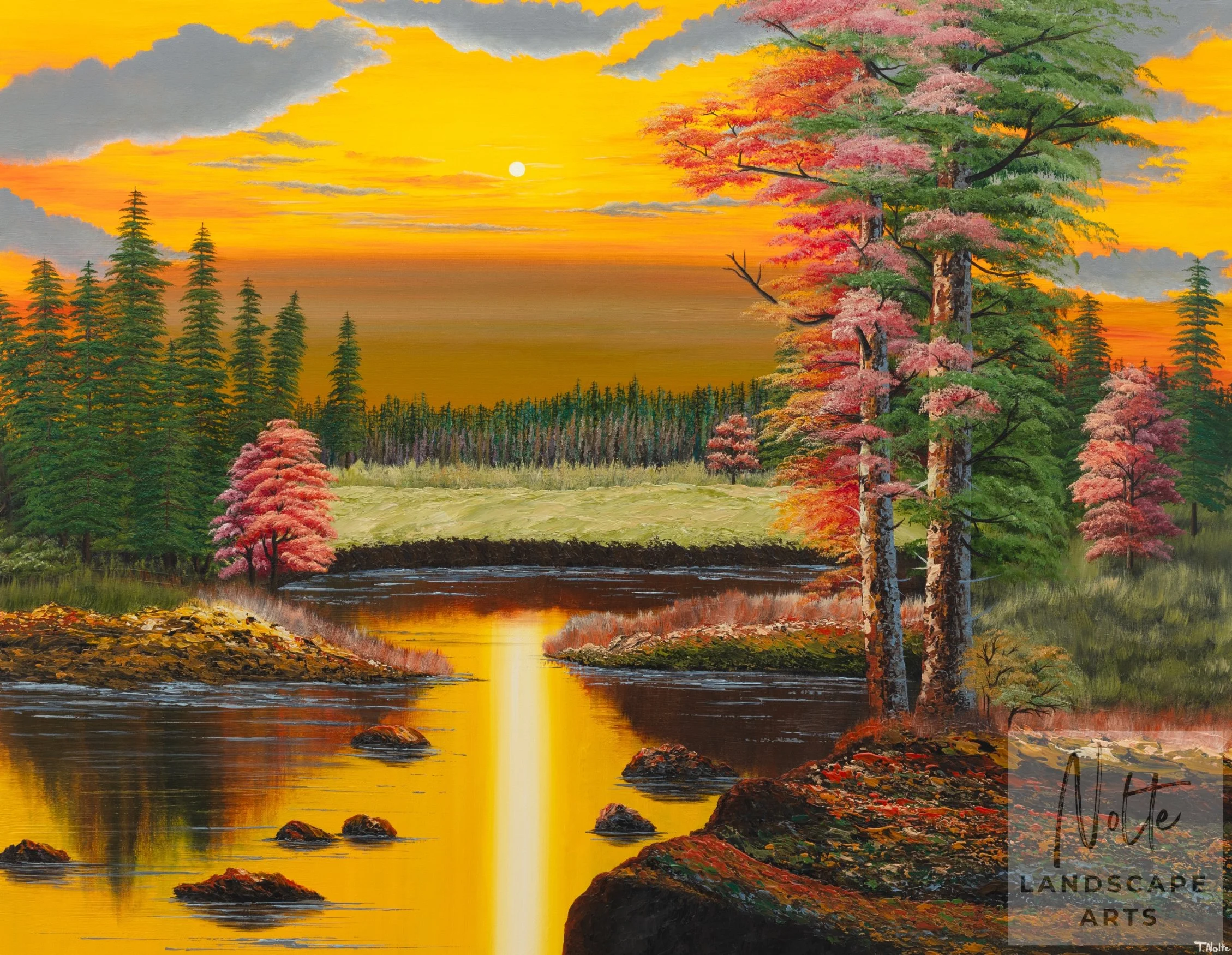 Handgemaltes Acrylgemälde „Warmer Herbstwald“ von Tobias Nolte mit farbenreichem Herbstwald, gelbem Sonnenuntergang sowie roten und grünen Bäumen rund um einen stillen Waldsee.