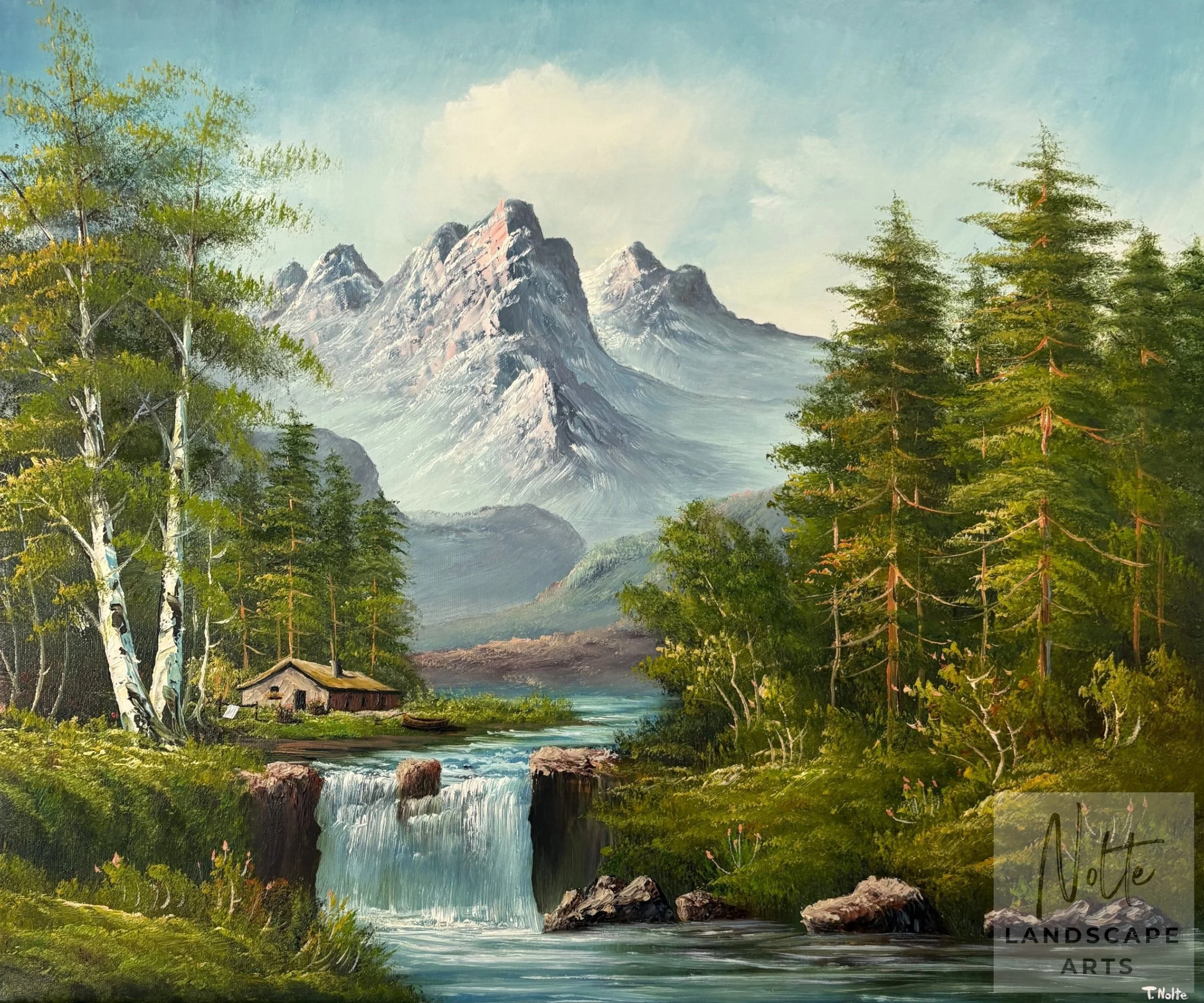 Handgemaltes Ölgemälde einer grünen Waldlandschaft mit mächtigen Bergen, vielen Tannen und einem kleinen Fluss mit Wasserfall neben einer Waldhütte.