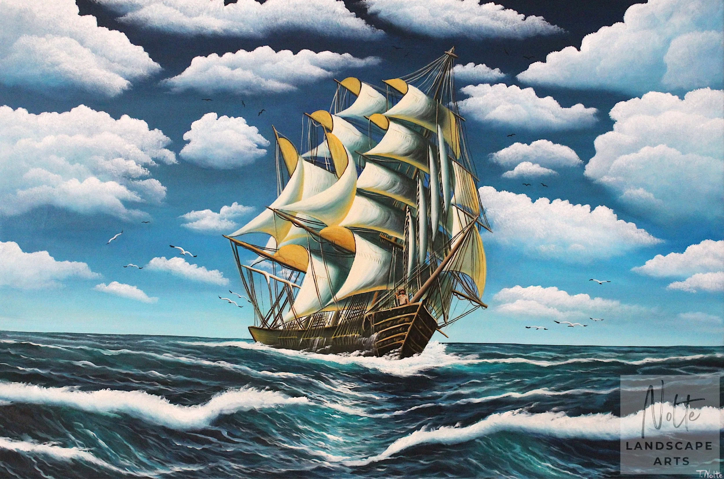 Handgemaltes maritimes Ölgemälde mit einem Segelschiff auf offenem Meer. Ein bärtiger Seemann steht am Bug, umgeben von Wellen und Seevögeln, während die Segel vom Wind gefüllt werden.
