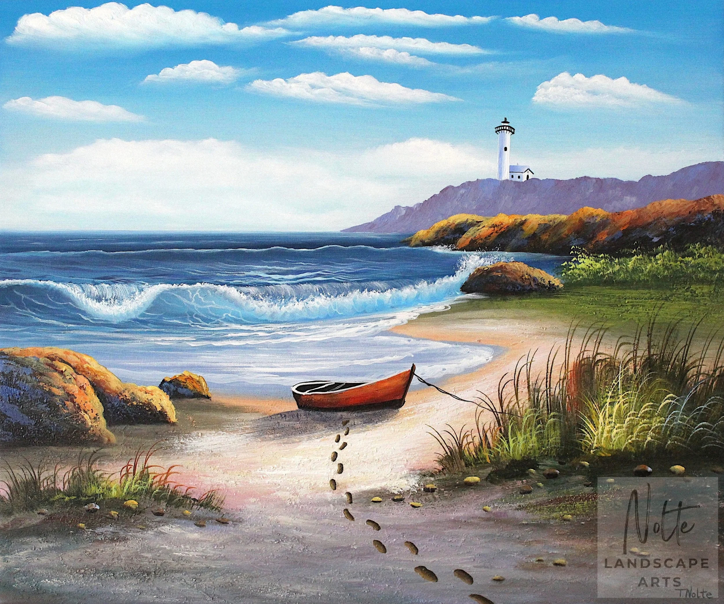 Oil painting by Tobias Nolte depicting a sandy beach with grasses and rocks, gentle ocean waves, a lighthouse in the distance, and a wooden boat with footprints leading away in the sand.