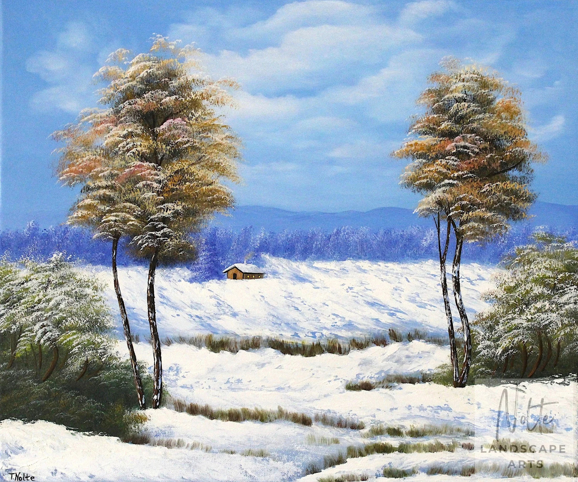 Handgemaltes Ölgemälde einer winterlichen Schneelandschaft mit leuchtender Hütte, aufsteigendem Rauch aus dem Schornstein und verschneiten Bäumen unter einem sanften blauen Winterhimmel.
