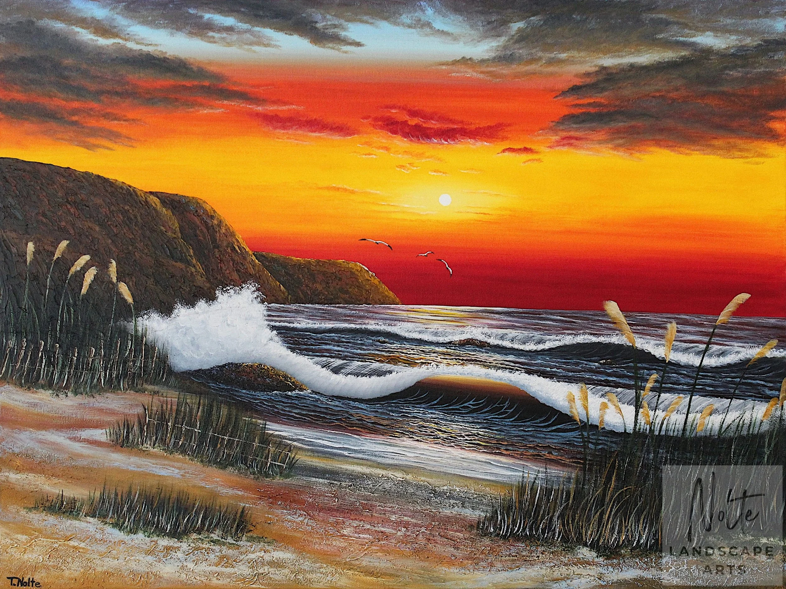 Gerahmtes, handgemaltes Acrylgemälde mit einem ruhigen, rötlich leuchtenden Sonnenuntergang, einer Küstenlandschaft mit hohen Wellen und Gräsern am Strand.