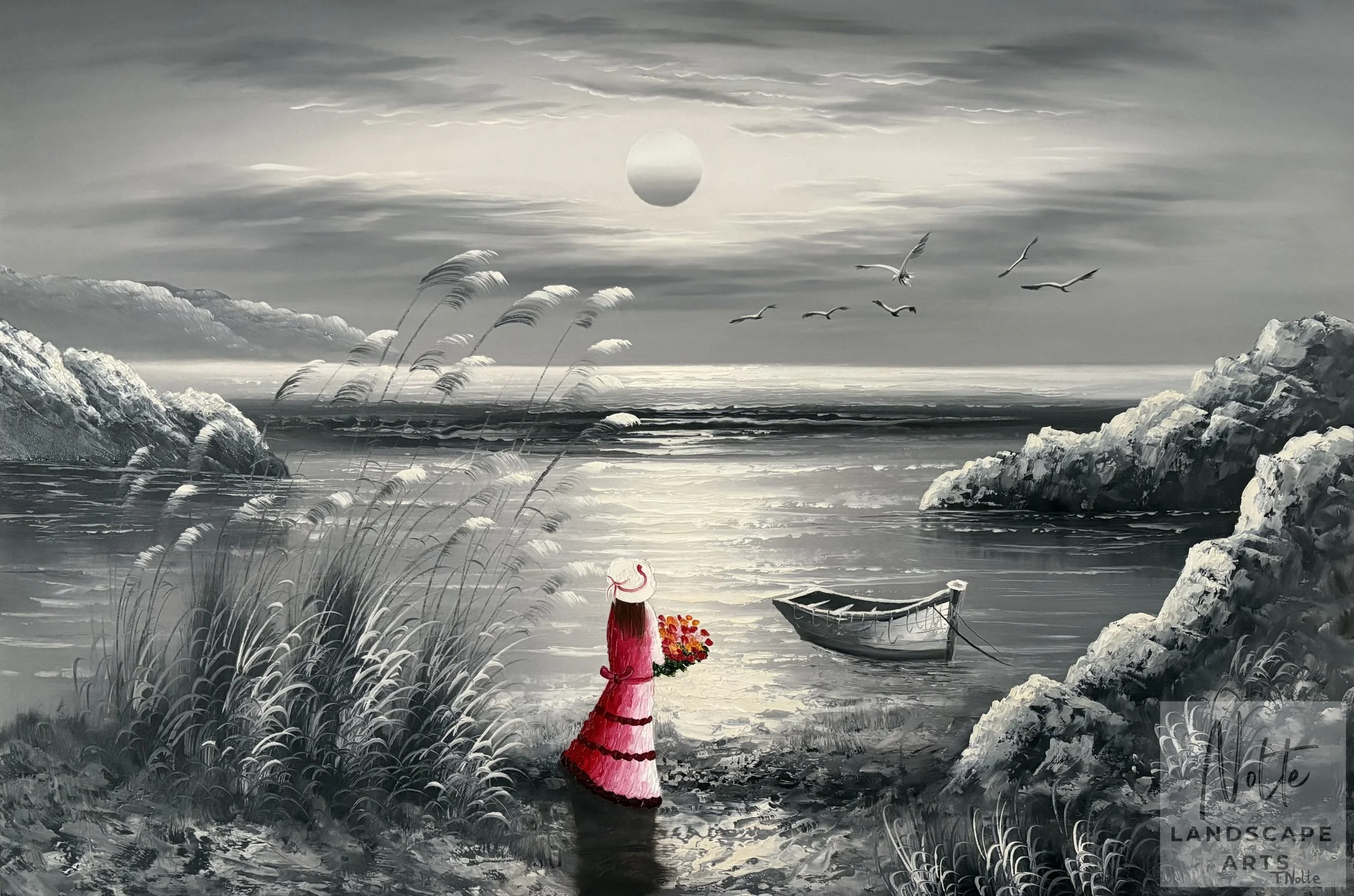 Black-and-white oil painting of a moonlit beach with tall grasses and large rocks. A woman in a red dress stands facing the sea.