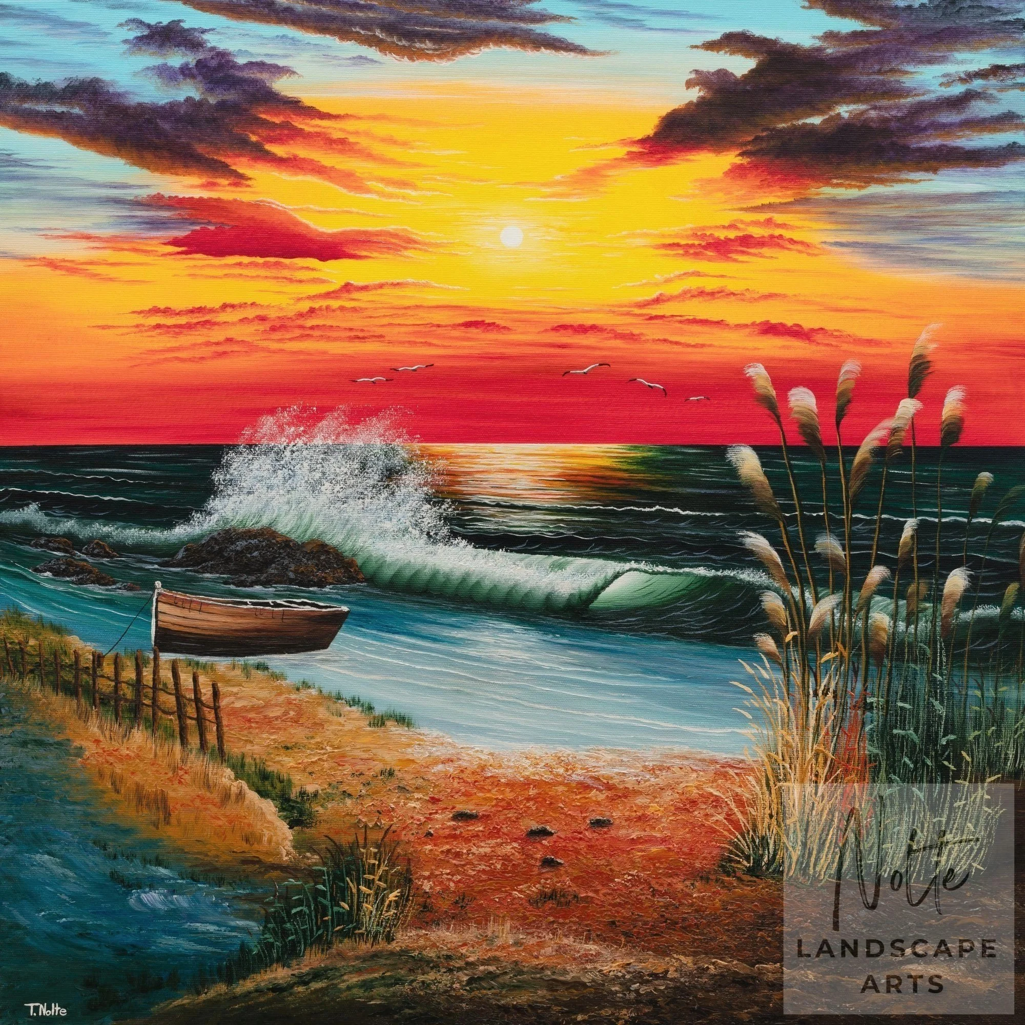 Gerahmtes Acrylgemälde „Küstenmagie“ von Tobias Nolte mit intensiv rotem Sonnenuntergang am Meer, sanften Wellen und Dünengräsern an der Küste in leuchtenden Farben.