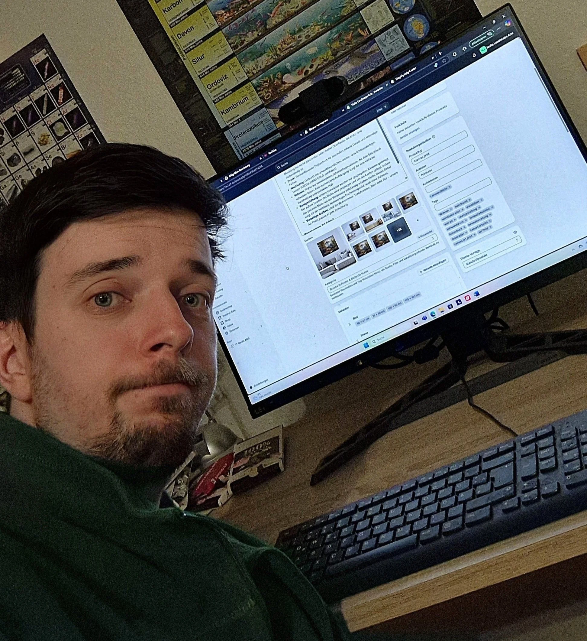 Artist working late at night on a Shopify shop for art prints and canvas prints — behind the scenes of building an online art business.