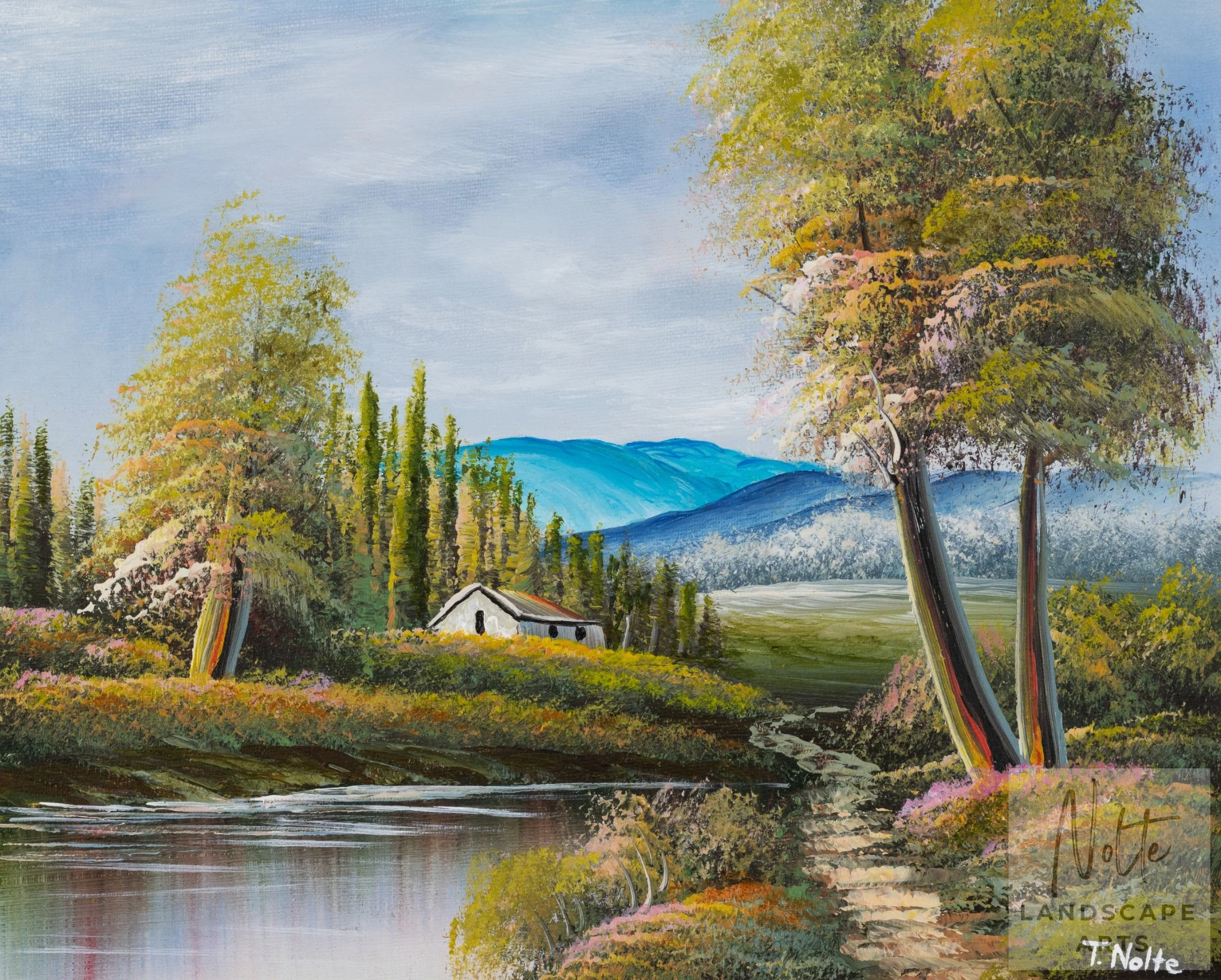 Original artwork by Tobias Nolte titled “Hike into Valley”. A framed, hand-painted oil painting (25x20 cm) featuring a small hiking trail between green trees and a lake, perfect for landscape art lovers or table decoration.