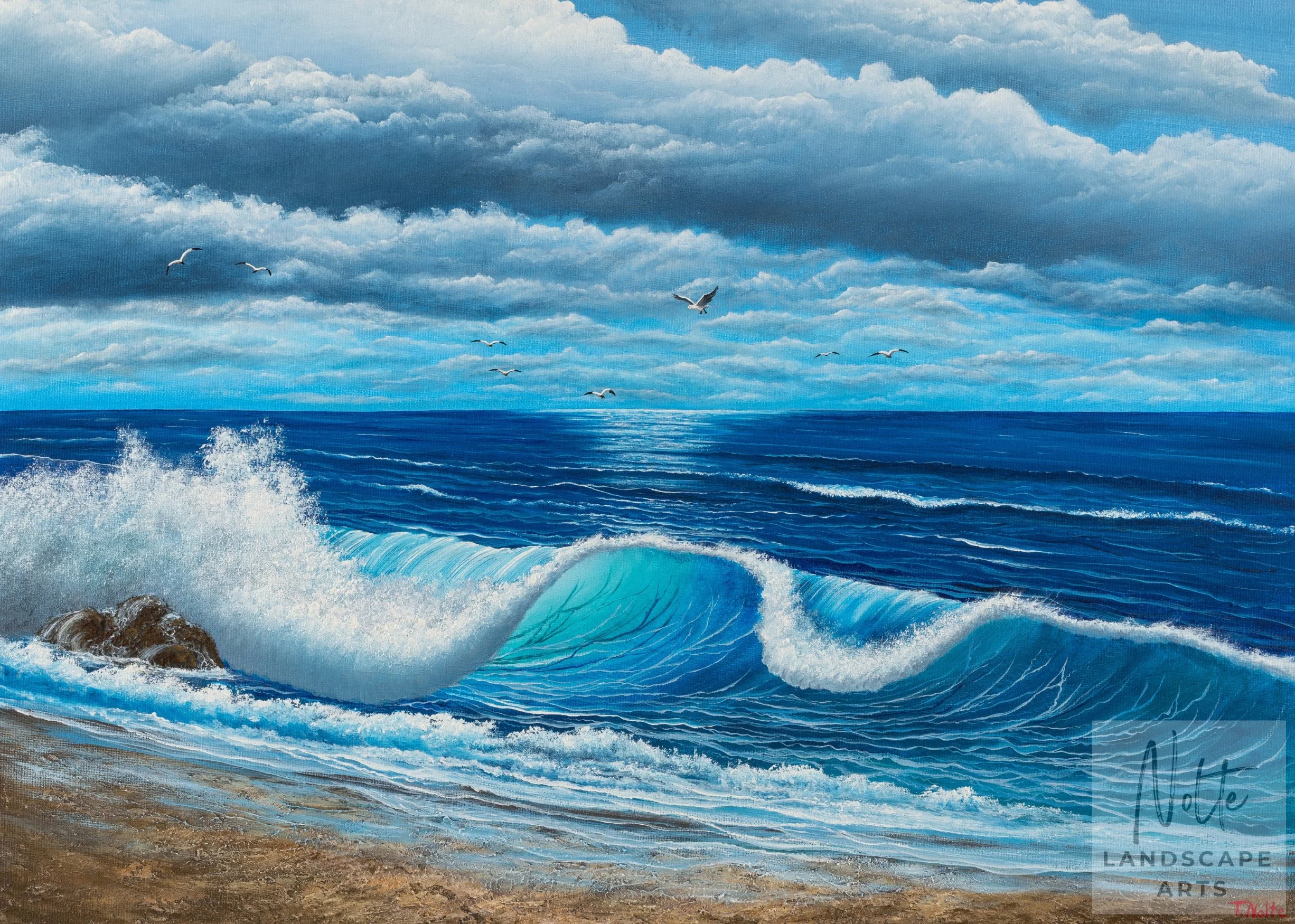 Original artwork by Tobias Nolte titled “Whisper of the Shore”. A hand-painted acrylic painting (70x50 cm) featuring an ocean panorama with big, blue waves under a cloudy sky, perfect for seascape art lovers.