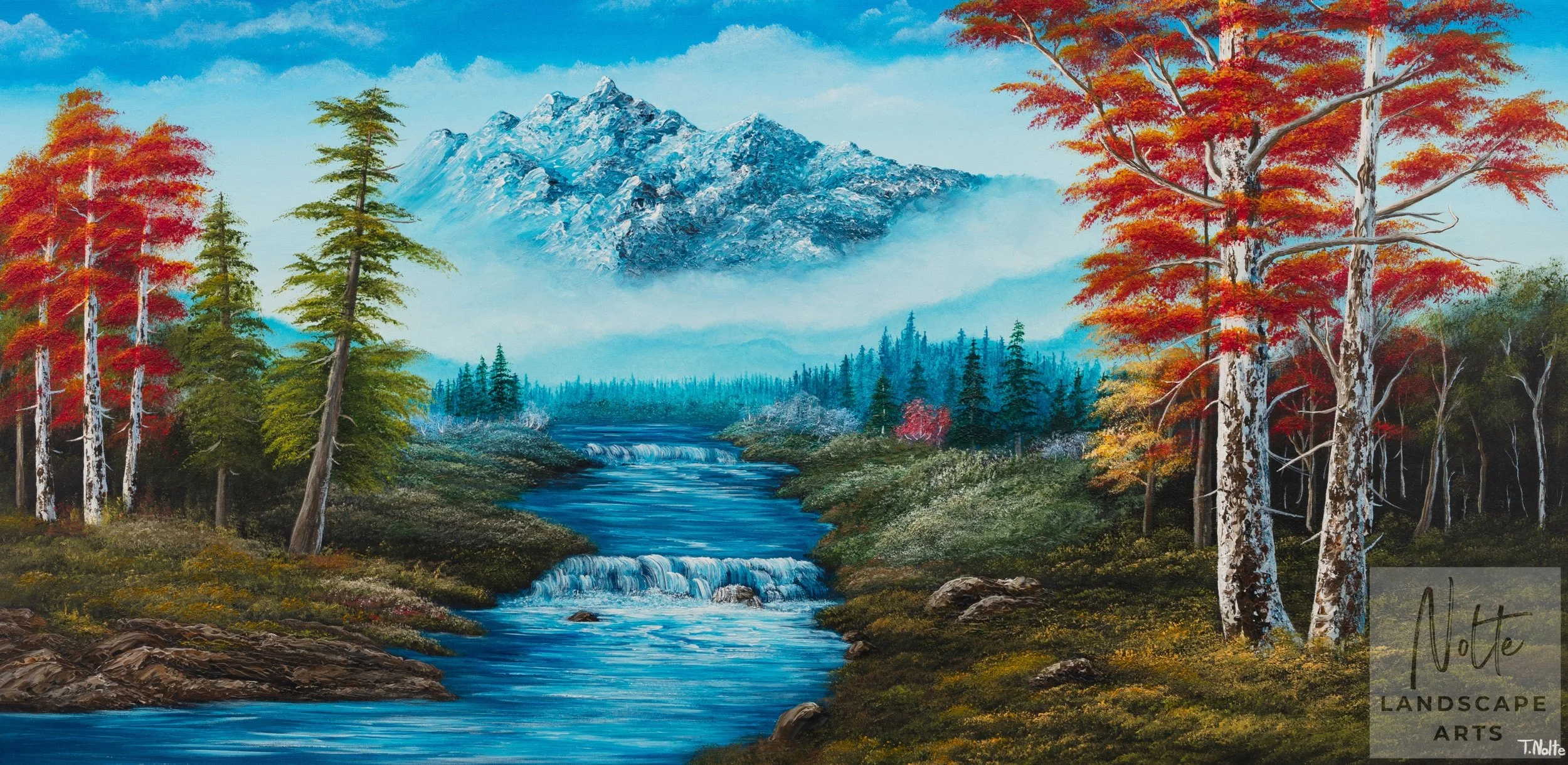 Gerahmtes, handgemaltes Acrylgemälde von Tobias Nolte mit einer romantischen Waldlandschaft, roten Bäumen, Tannenwald, blauem Berg und einem Wasserfall.