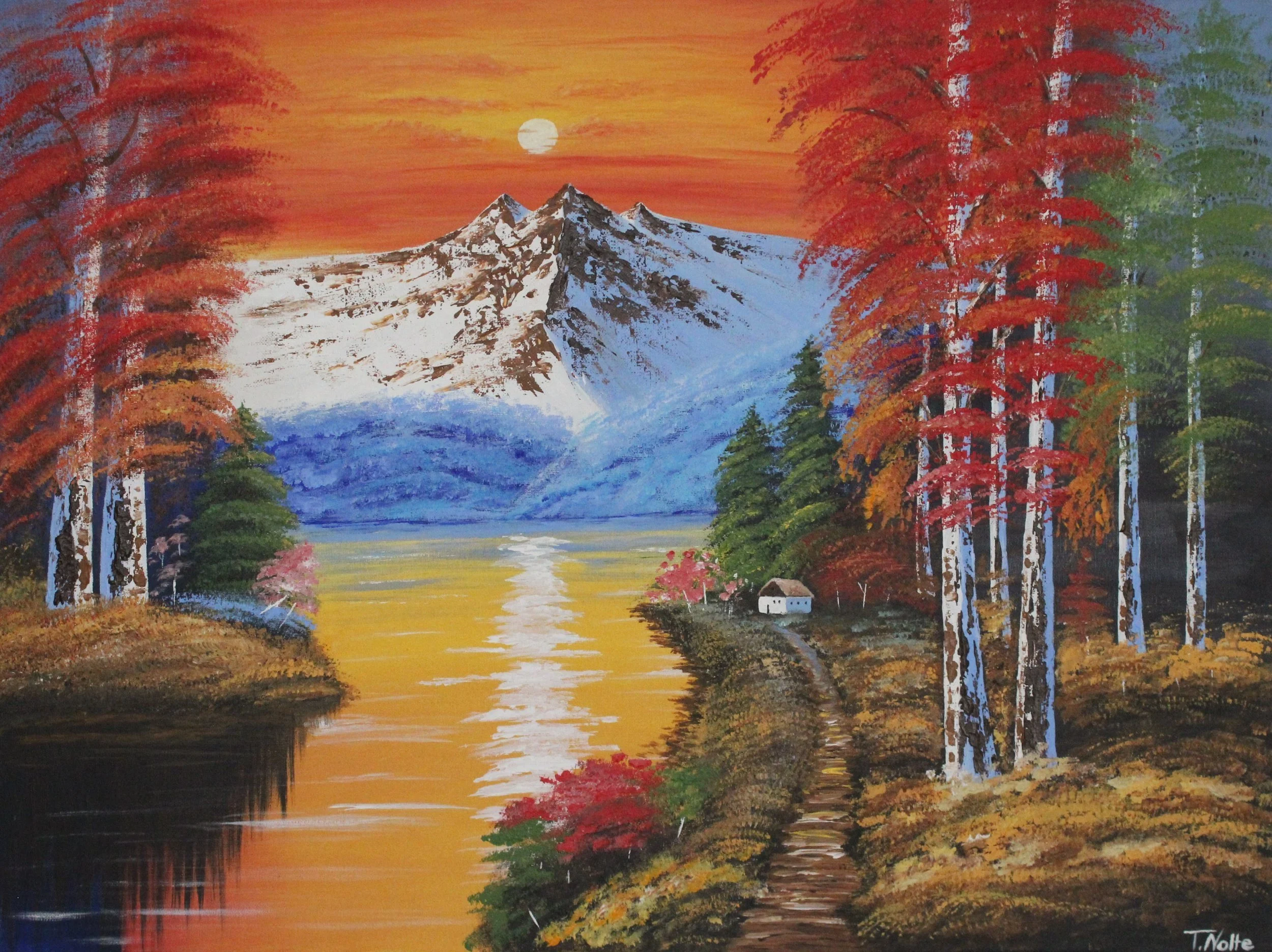 Acrylic forest painting of an autumn forest at sunset, featuring red trees, mountains, a sunlit lake, and a small lodge.