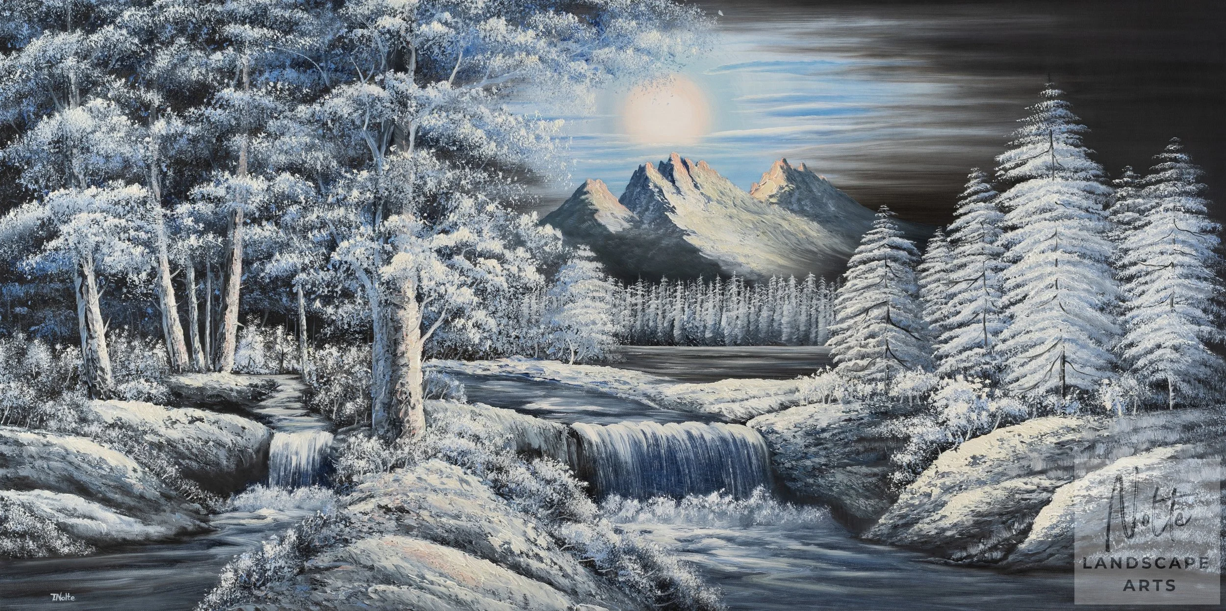 Original artwork by Tobias Nolte titled “Winter Magic”. A hand-painted oil painting (120x60 cm) featuring a snow-covered forest landscape with two small waterfalls, a frozen lake and big mountains, perfect for winter impressionism art lovers.