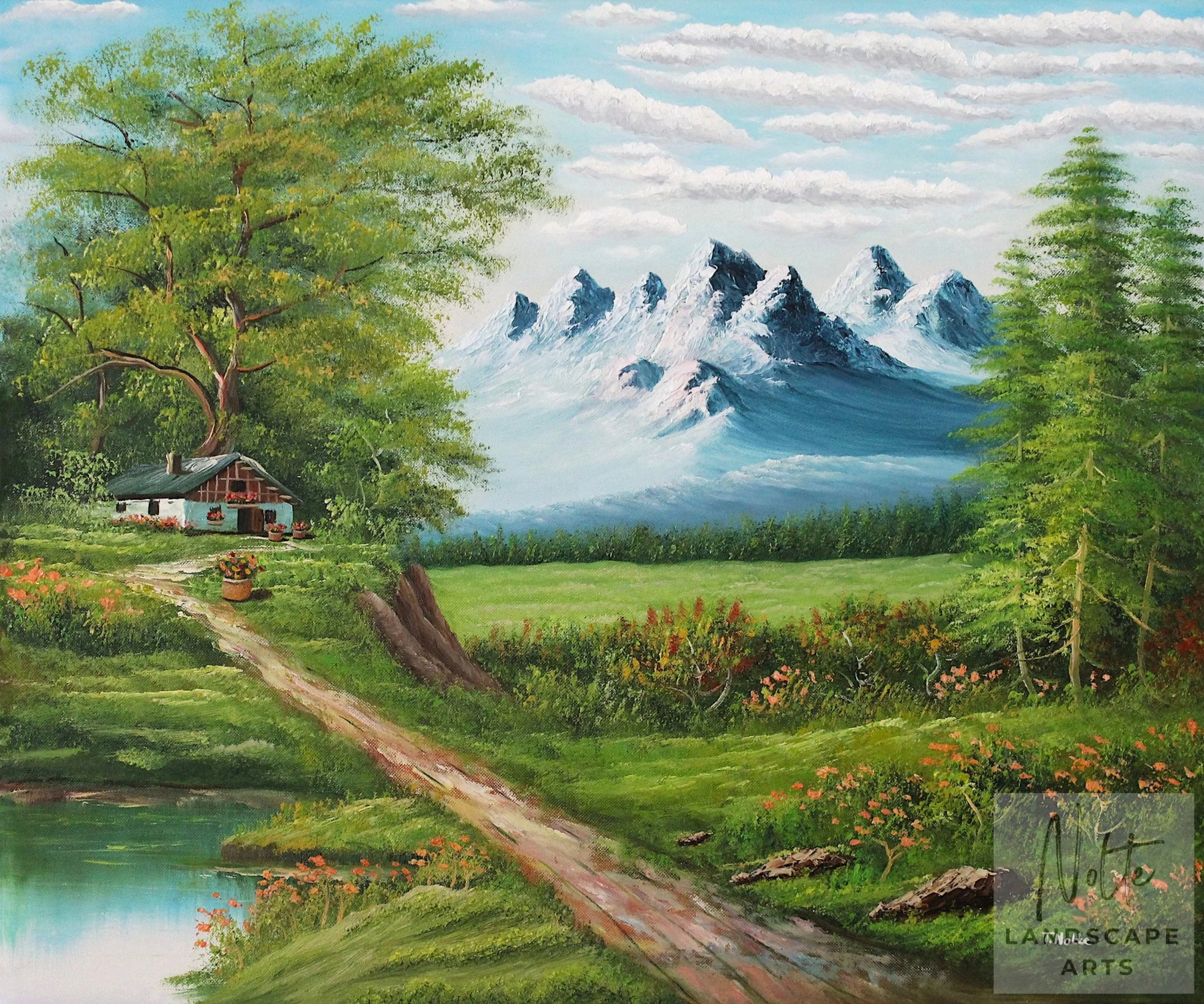 Handgemaltes Ölgemälde einer farbenreichen Frühlingslandschaft mit grünem Wald, roten Blumen, entfernten Bergen und einem kleinen Wanderweg zu einer blumenbedeckten Hütte als Symbol des Frühlings.