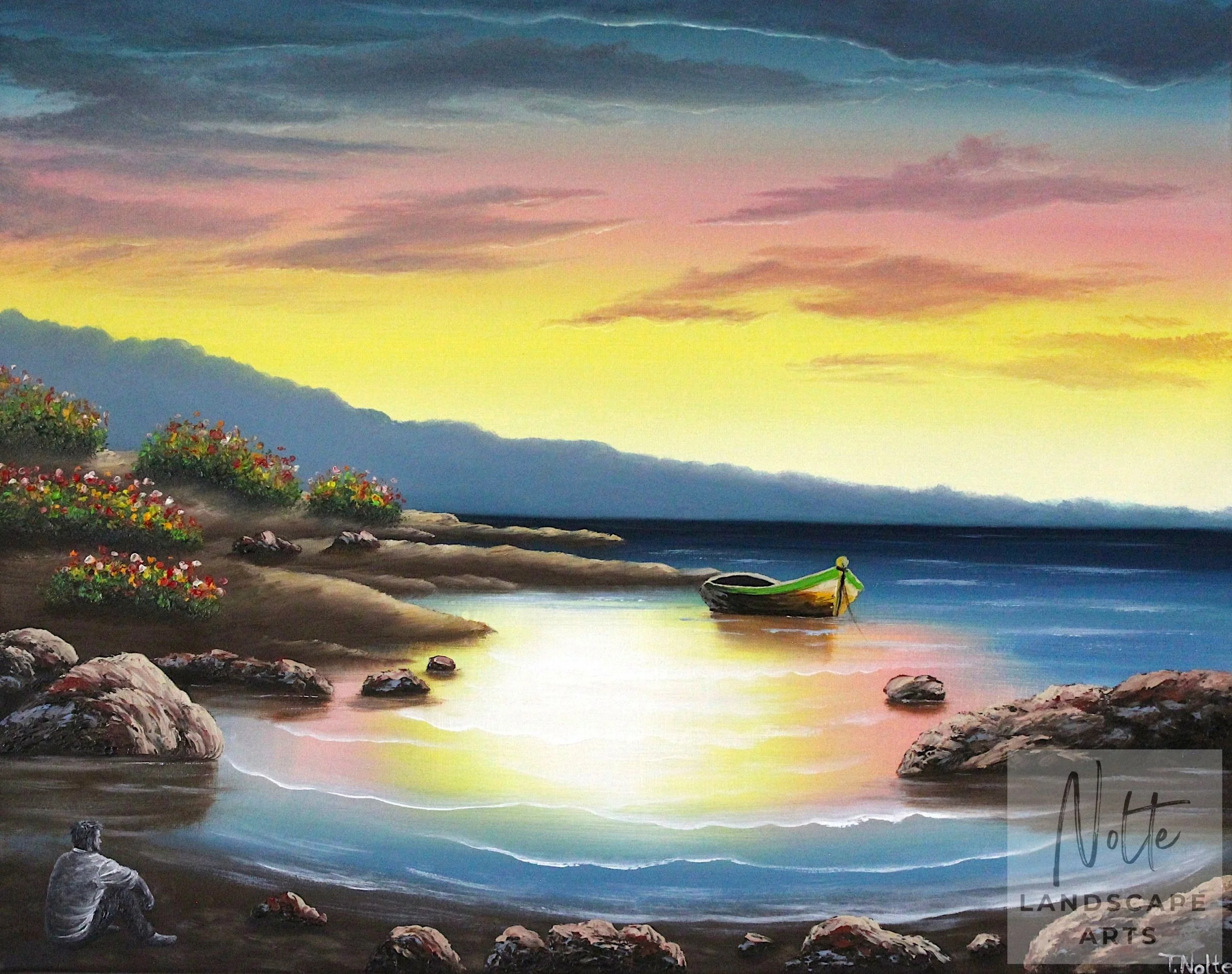 A monochrome black-and-white man sitting at a quiet bay with a wooden boat at sunset, still ocean, distant mountains, bold red, yellow and blue tones.