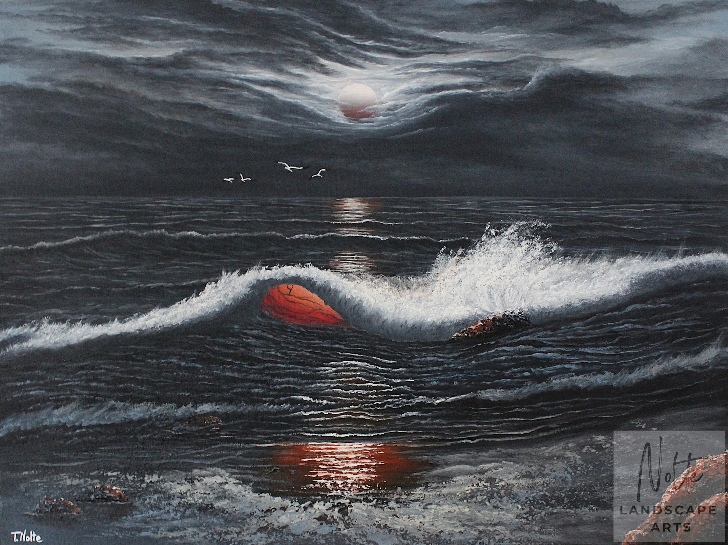 Original artwork by Tobias Nolte titled “Bloodmoon”. A hand-painted acrylic painting (80x60 cm) featuring a reddish moon and a dark, stormy sea. Perfect for impressionistic art lovers.
