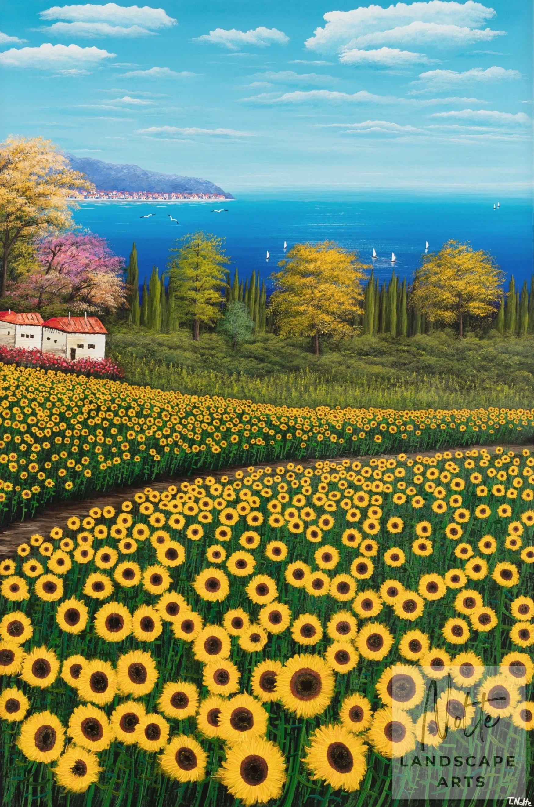 Original artwork by Tobias Nolte titled “Sunflower Fantasy”. A framed, hand-painted acrylic painting (90x60 cm) featuring a big and colorful sunflower field within a mediterranean landscape with trees and the ocean in the background.