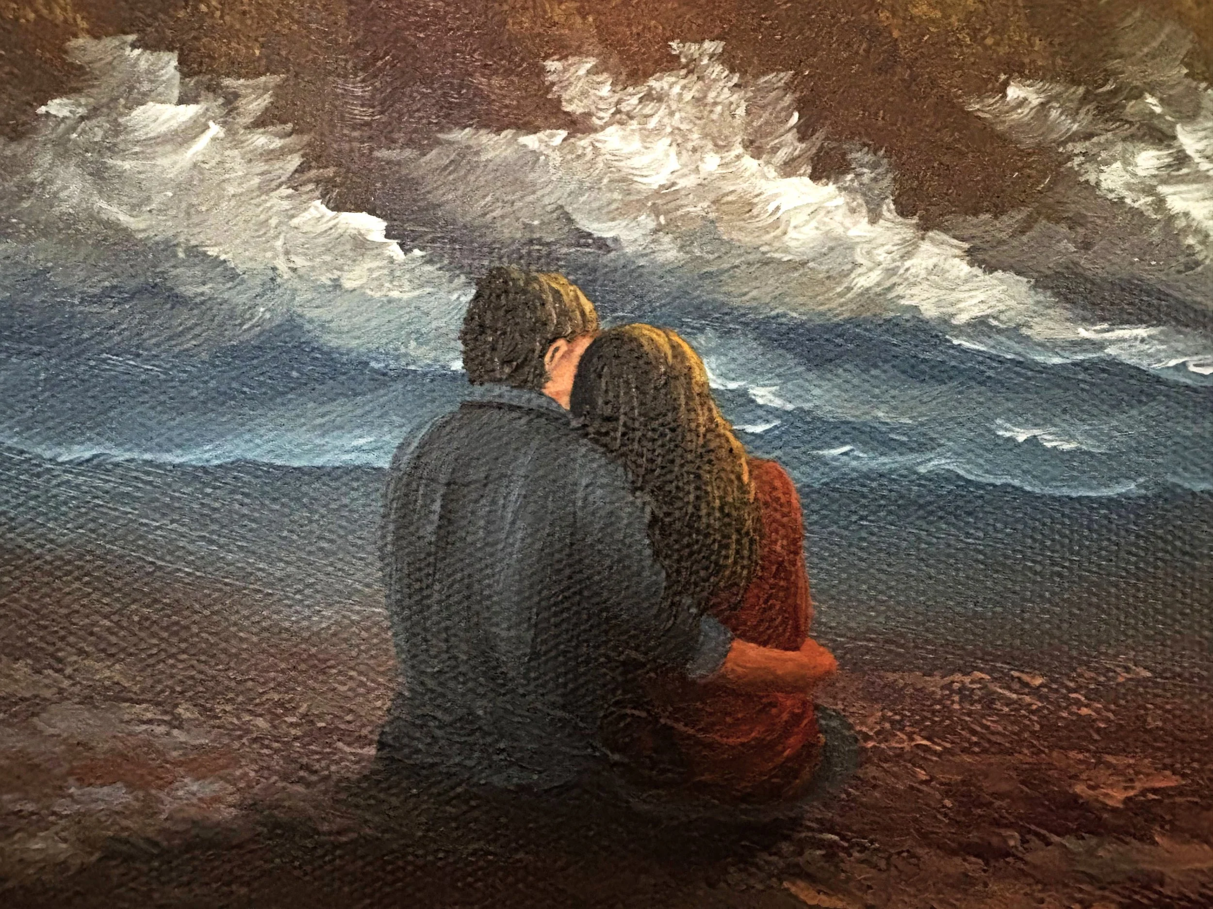 Handpainted couple sitting on a beach at sunset, example for storytelling in landscape arts