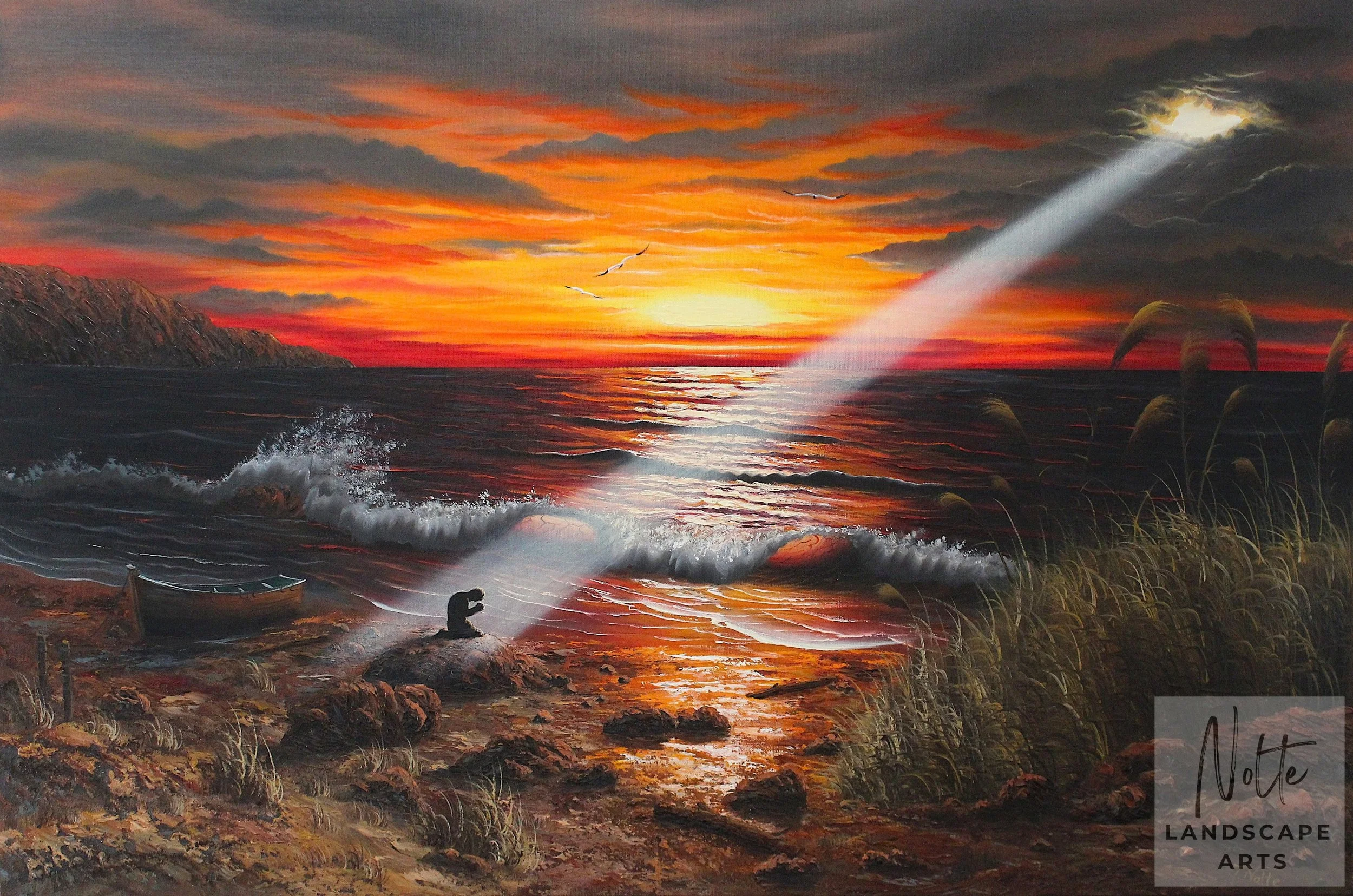 Spirituelle Landschaftsmalerei, eine betende Person zusammengekauert auf einem Stein am Meer, Lichtstrahl bricht aus den Wolken, warmer Sonnenuntergang in Gelb, Orange und Rot, Strand mit Treibholz und Boot.
