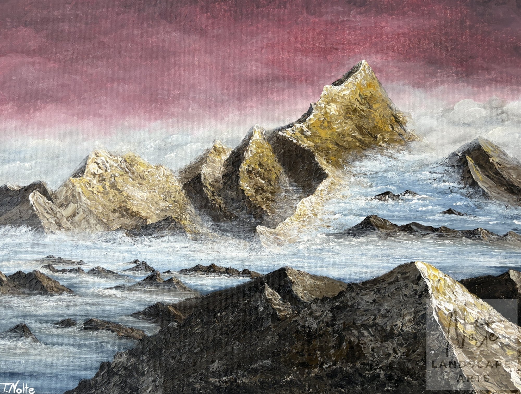 Originales Acrylgemälde von Tobias Nolte mit der Spitze des Mount Everest in einem rötlichen Licht, ideal für Liebhaber von Bergkunst.