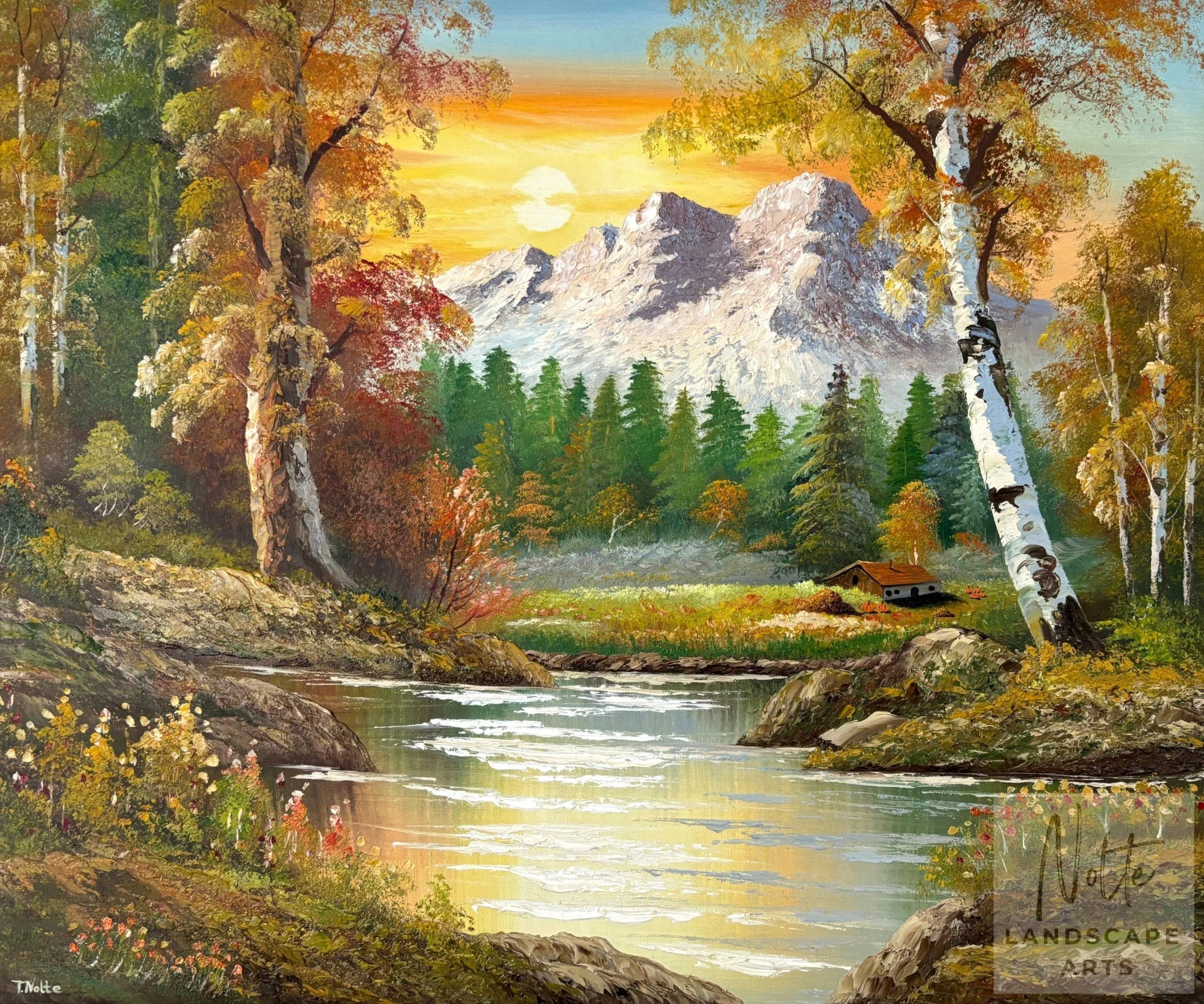 Handgemaltes Ölgemälde eines farbenreichen Herbstwaldes mit bunten Laub- und Tannenbäumen, einer kleinen Hütte und Kürbissen in einer stimmungsvollen Herbstlandschaft.