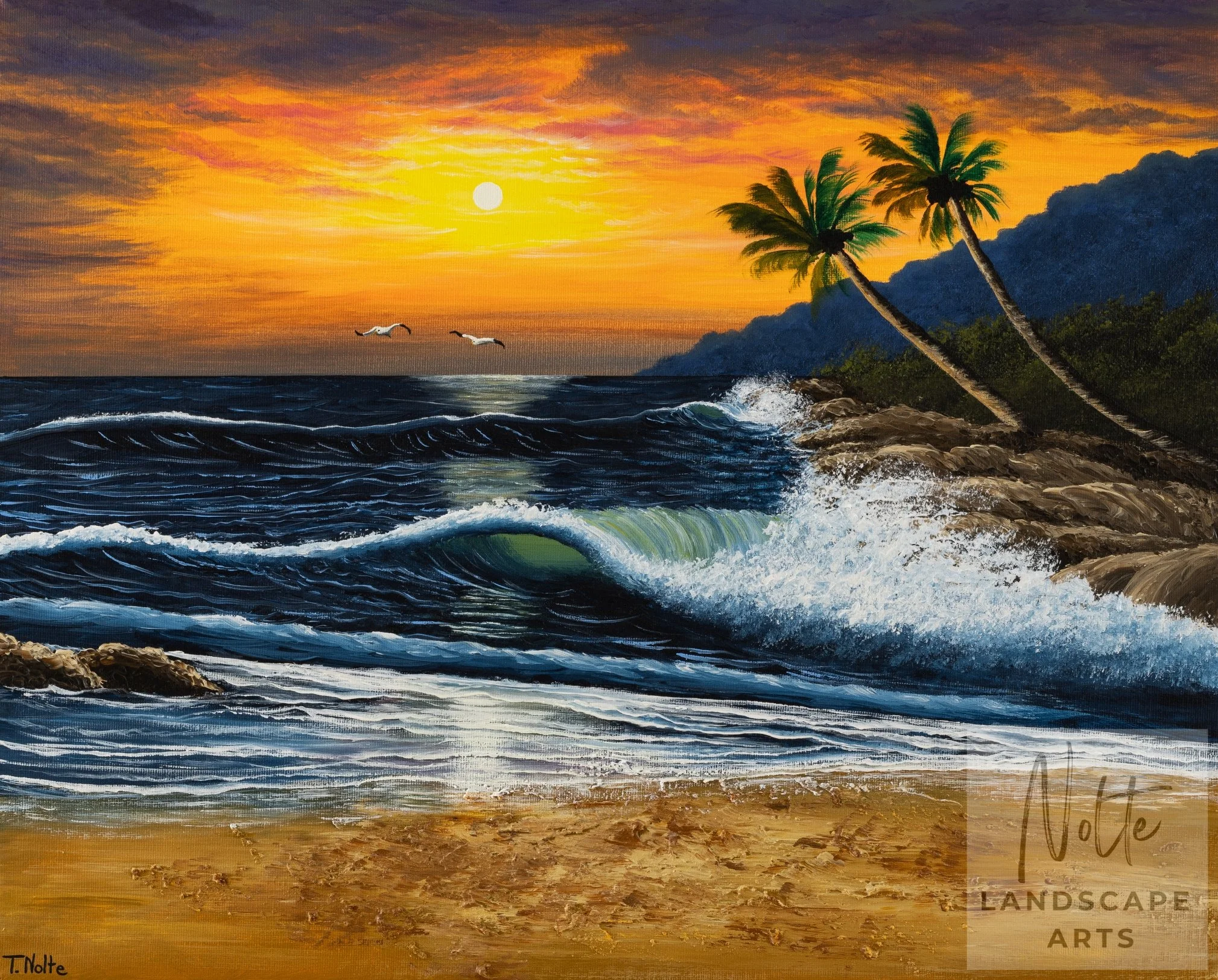 Handgemaltes Acrylgemälde mit einem warmen, orangefarbenen Sonnenuntergang, Palmen am Ufer und brechenden Wellen an einer felsigen Küste.