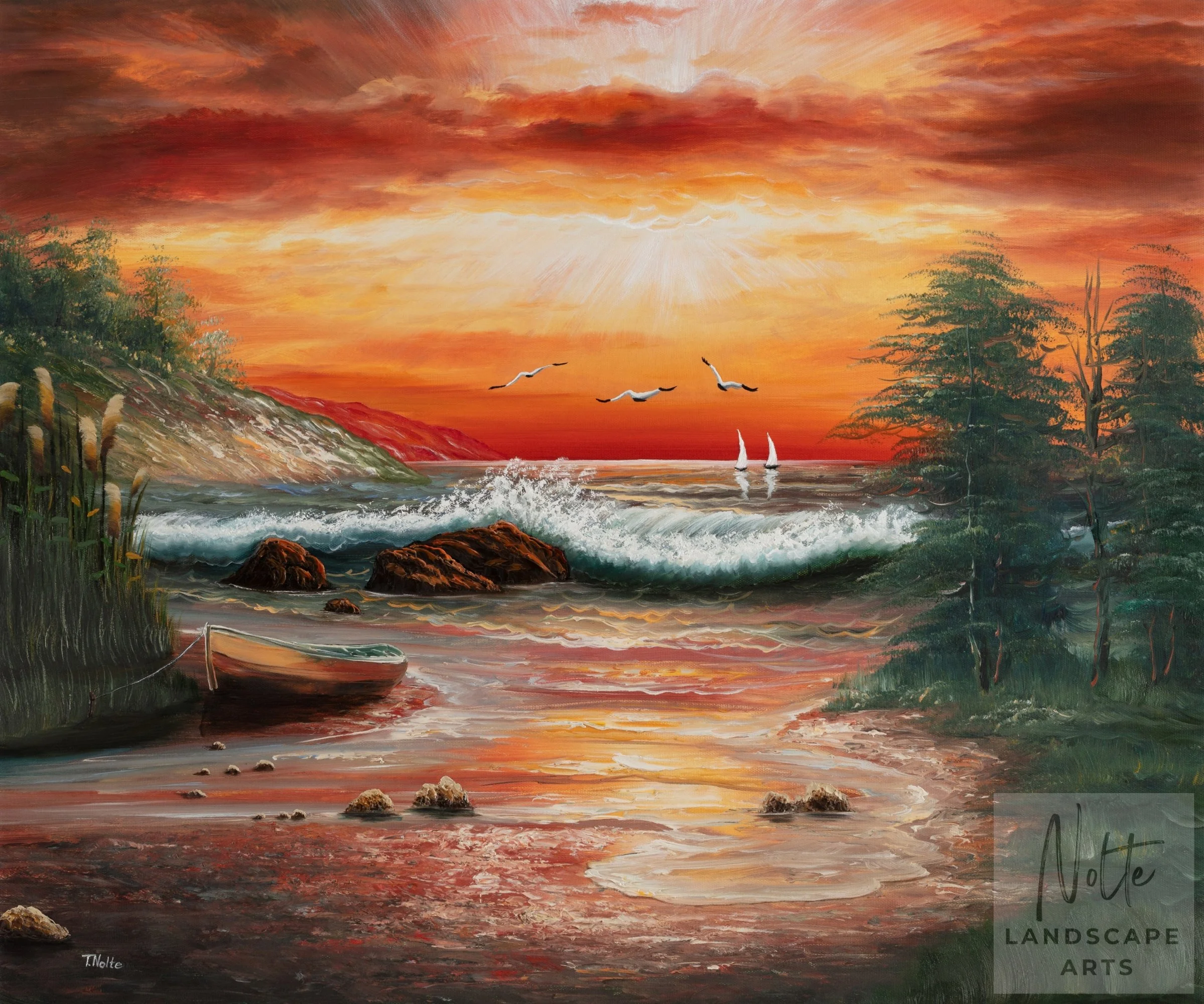 Original artwork by Tobias Nolte titled “Little Bay”. A hand-painted oil painting (50x40 cm) featuring a small beach with grasses, trees and sea waves in front of a red glowing sunset, perfect for beach and sunset art lovers.