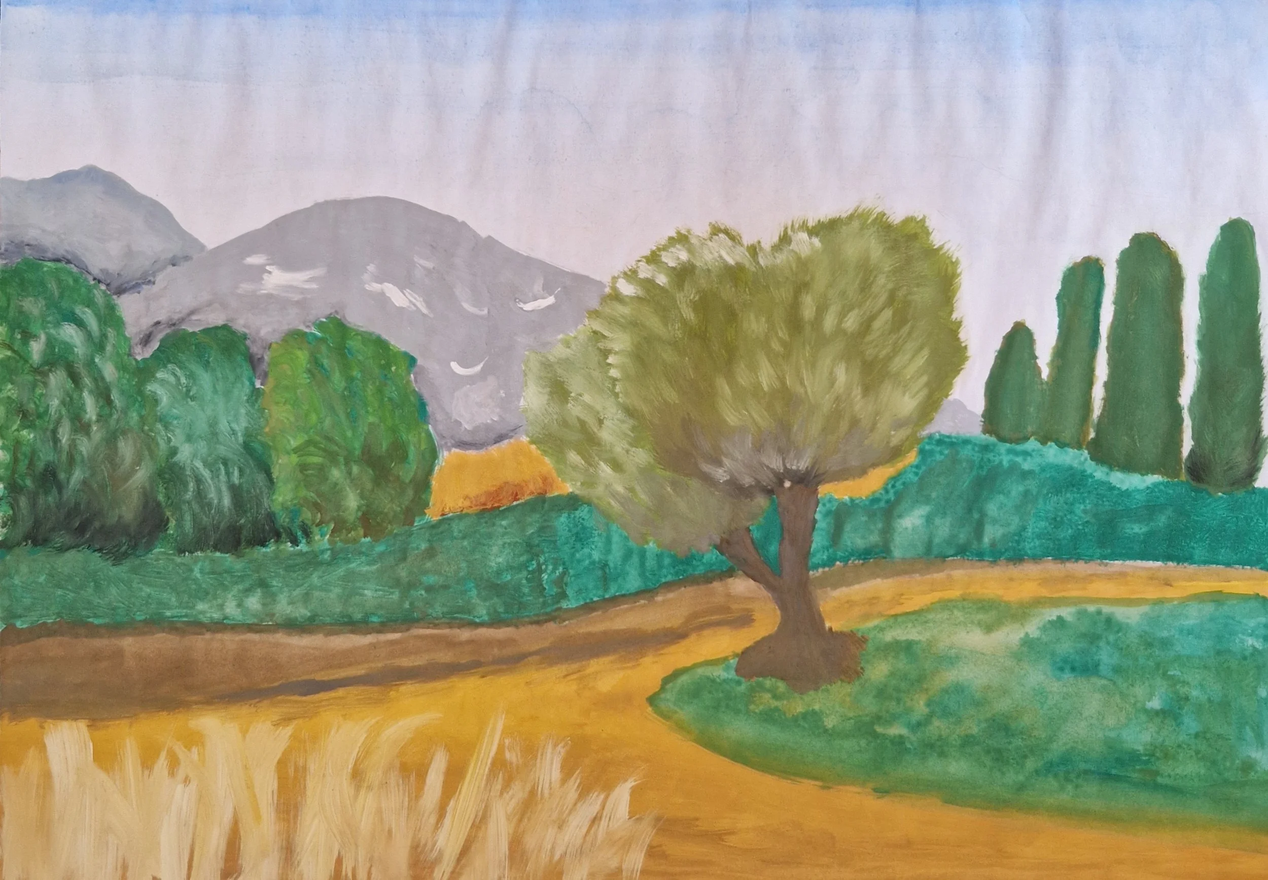 A first watercolor painting by an emerging young artist, showing green trees, grasses and a yellow hiking path in front of a small grey mountain.