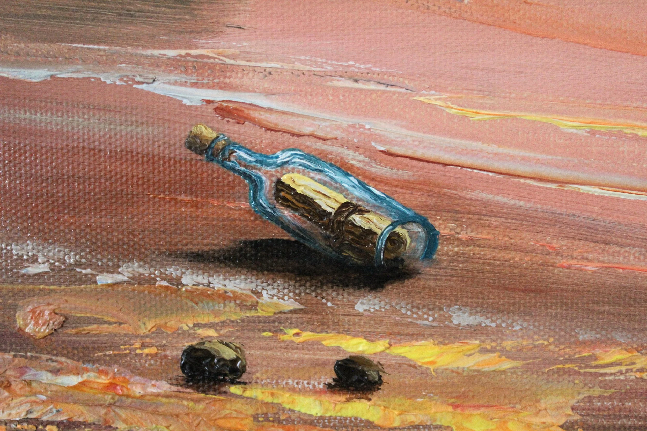 Handpainted message in a bottle on the beach, a symbol for storytelling in landscape paintings for sale.