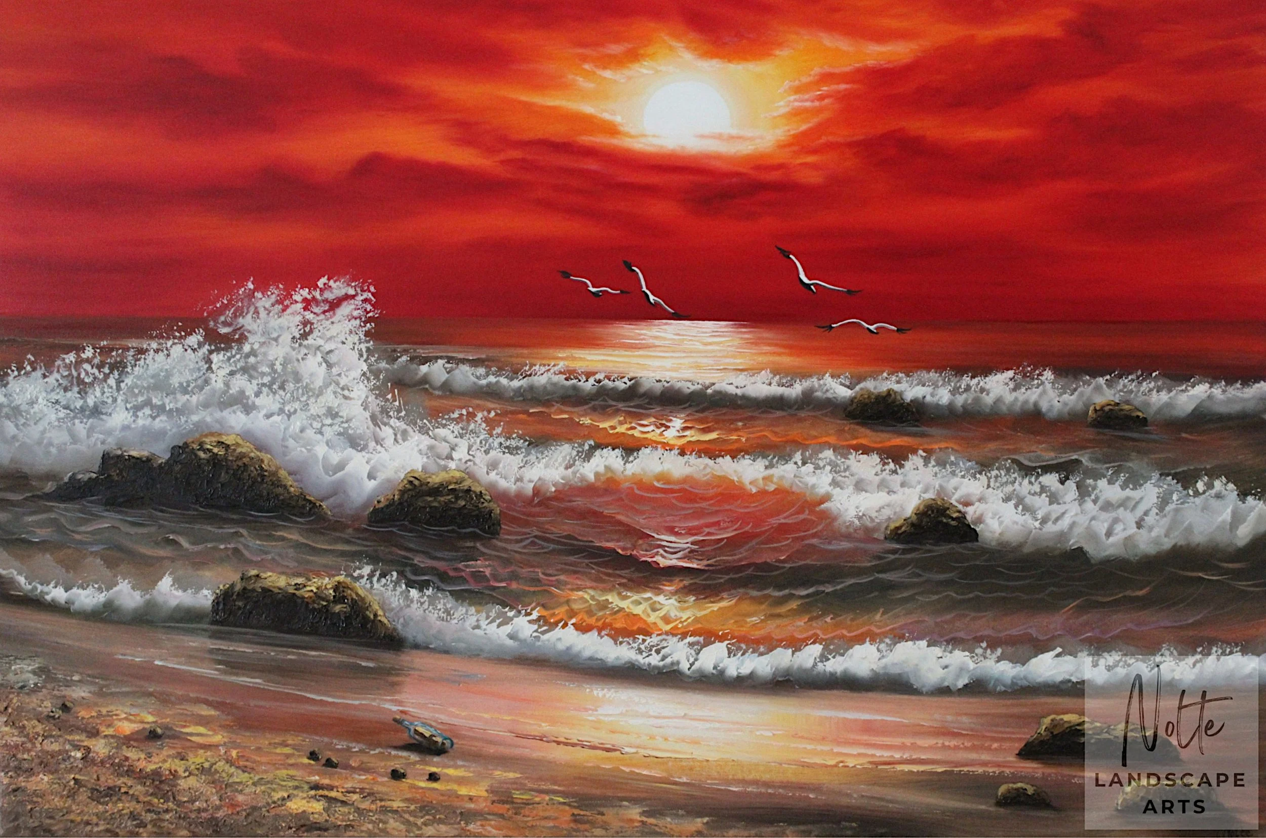 Painting of a deep red sunset over shimmering ocean waves, with rocks, seagulls, and a message in a bottle on the beach.