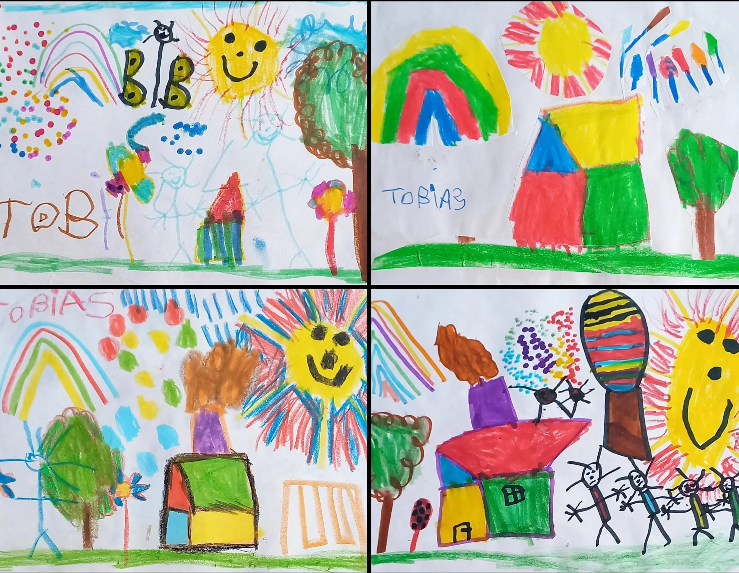 Vier frühe Filzstiftzeichnungen von Tobias Nolte, die farbenfrohe Landschaften, Häuser und Naturszenen zeigen. Eine Collage der ersten Kinderzeichnungen.