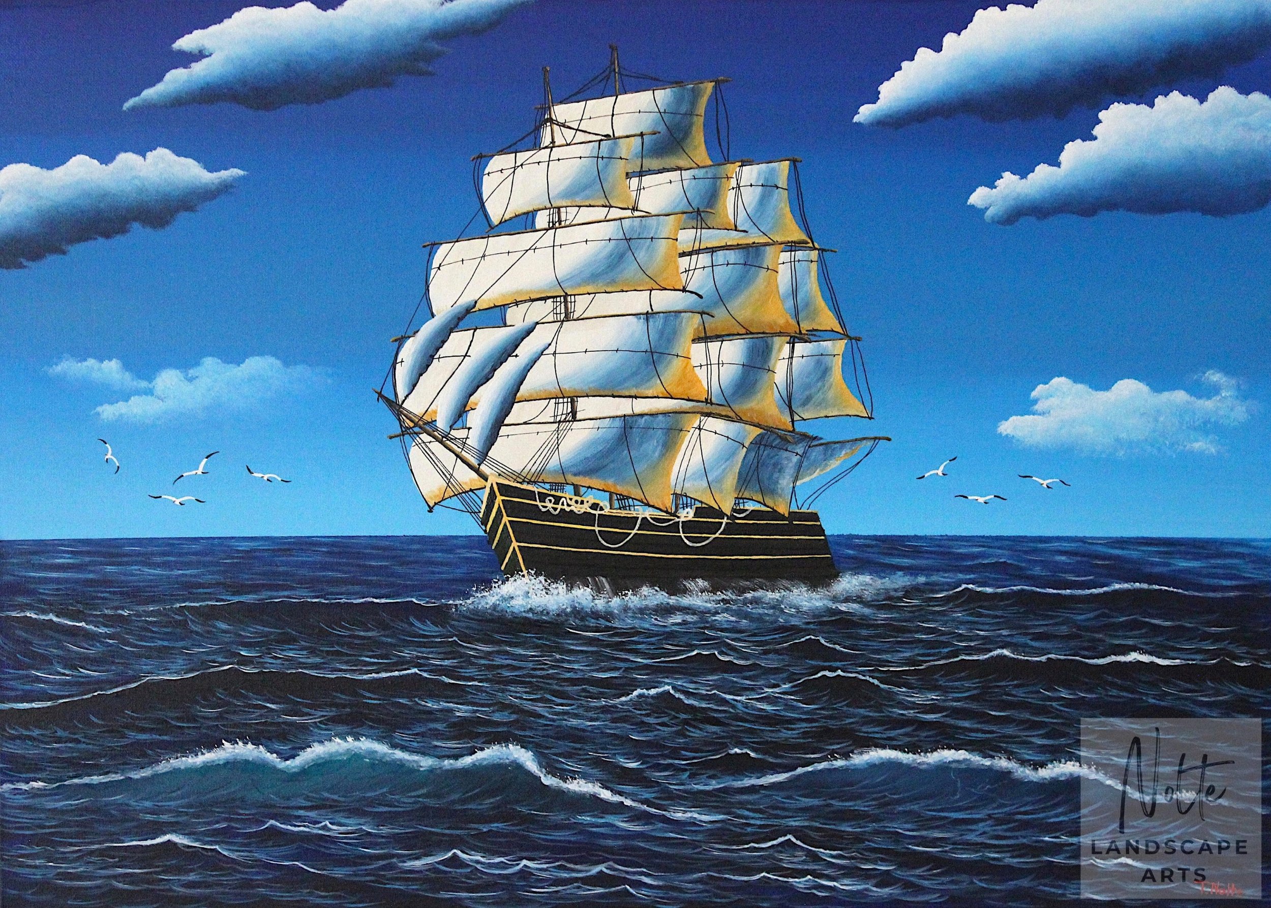 Handgemaltes Acrylgemälde von Tobias Nolte mit einem großen Segelschiff auf weiter, offener See.