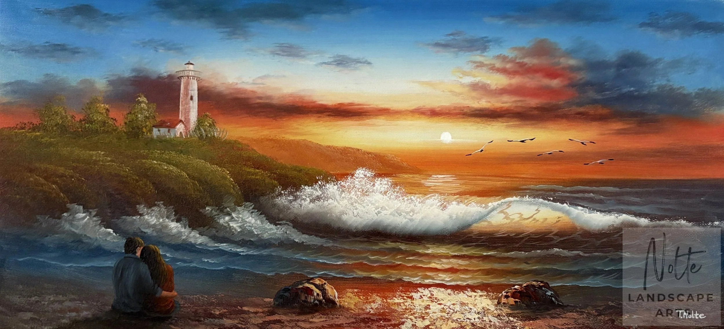 Original oil painting featuring a warm and colorful sundown and a lighthouse on a spit of land. There is a loving couple sitting on the beach.