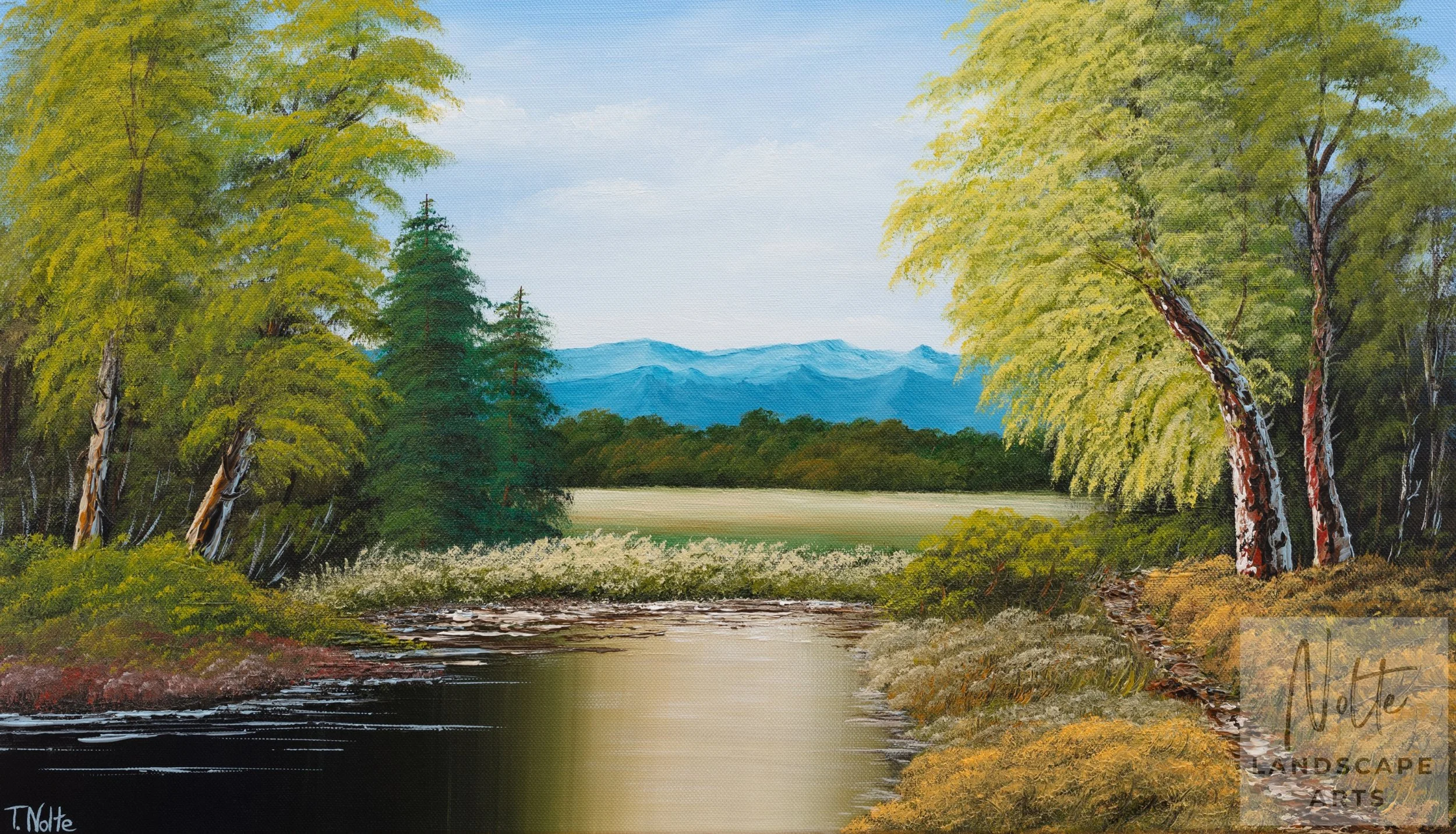 Handgemaltes Acrylgemälde mit einer ruhigen Waldszene: ein kleiner Wanderweg führt zu einer offenen Lichtung, umgeben von großen grünen Bäumen und einem weiten See vor entfernten Bergen.