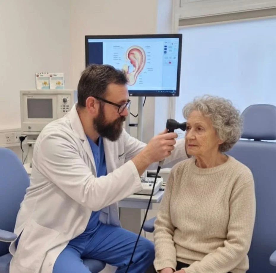 Doctor examining an elderly woman's ear with an otoscope in a medical office.