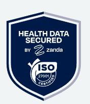 A shield-shaped logo with text indicating health data secured by Zanda, ISO 27001 certification.