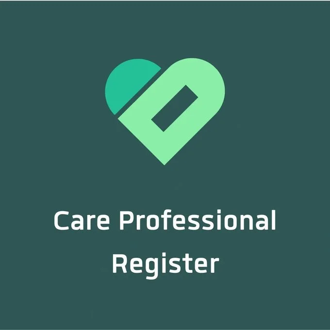 Logo with a heart and pencil icon above the text "Care Professional Register" on a dark teal background.
