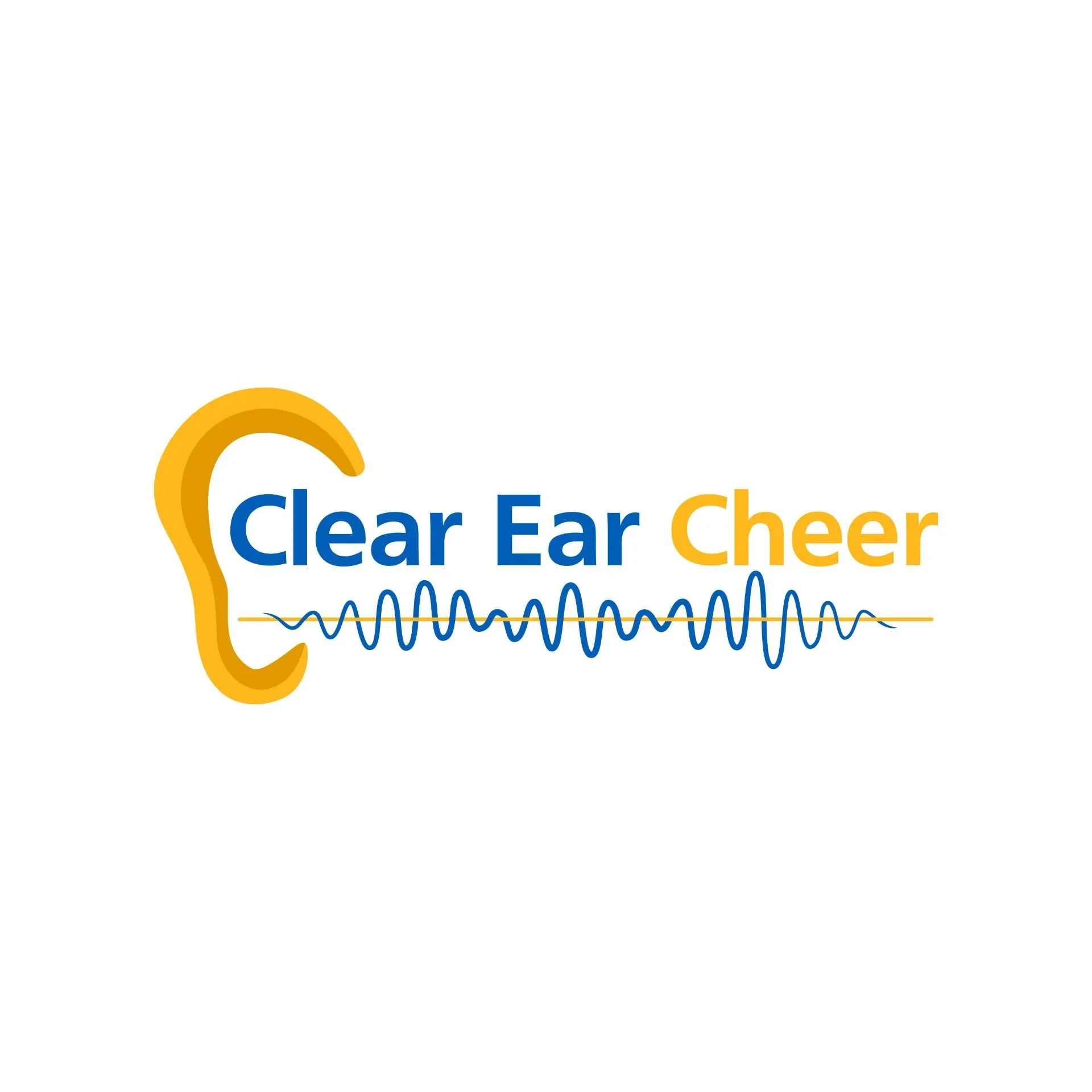 Logo with a yellow ear shape, the words 'Clear Ear Cheer' in blue and orange, and sound wave graphics.