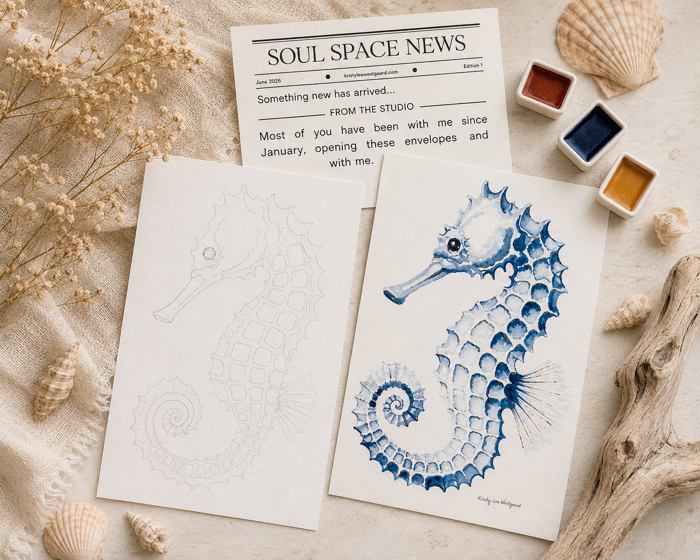Soul Space Sanctuary monthly envelope contents — fine art print, paintable print and Soul Space News mini newspaper