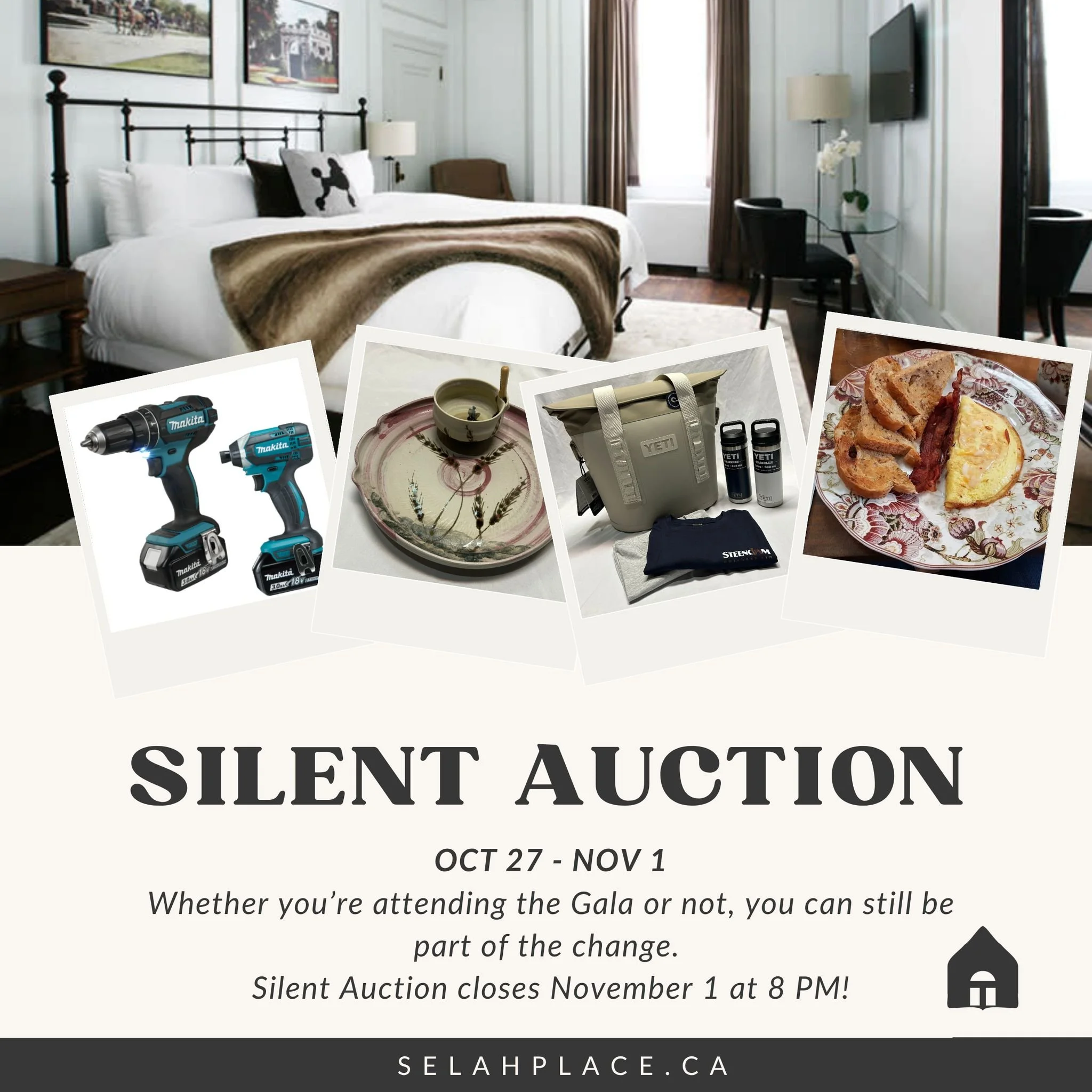 Attending the Gala or not, you can still get involved! 
Our Silent Auction opens Monday at 8AM and closes Saturday at 8PM.

Check out these items (and so many more!) starting Monday morning, every bid supports moms and kids at Selah Place.

https://w
