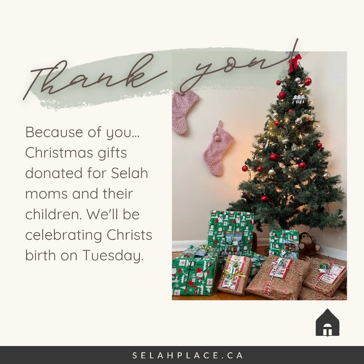 Because of your generosity, our Christmas tree is surrounded by gifts for the moms and children at Selah.
They'll be opening them together on Tuesday as we celebrate Christ's birth.

Thank you for being such a blessing🎄