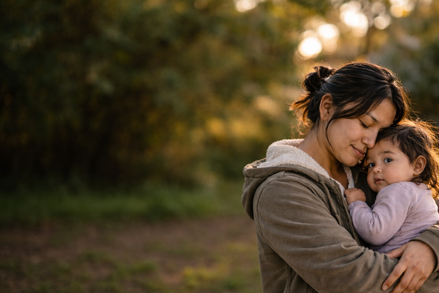 A mother embracing her child outdoors in soft natural light, representing the support Selah Place provides to mothers and children in Winnipeg through housing and parenting programs.