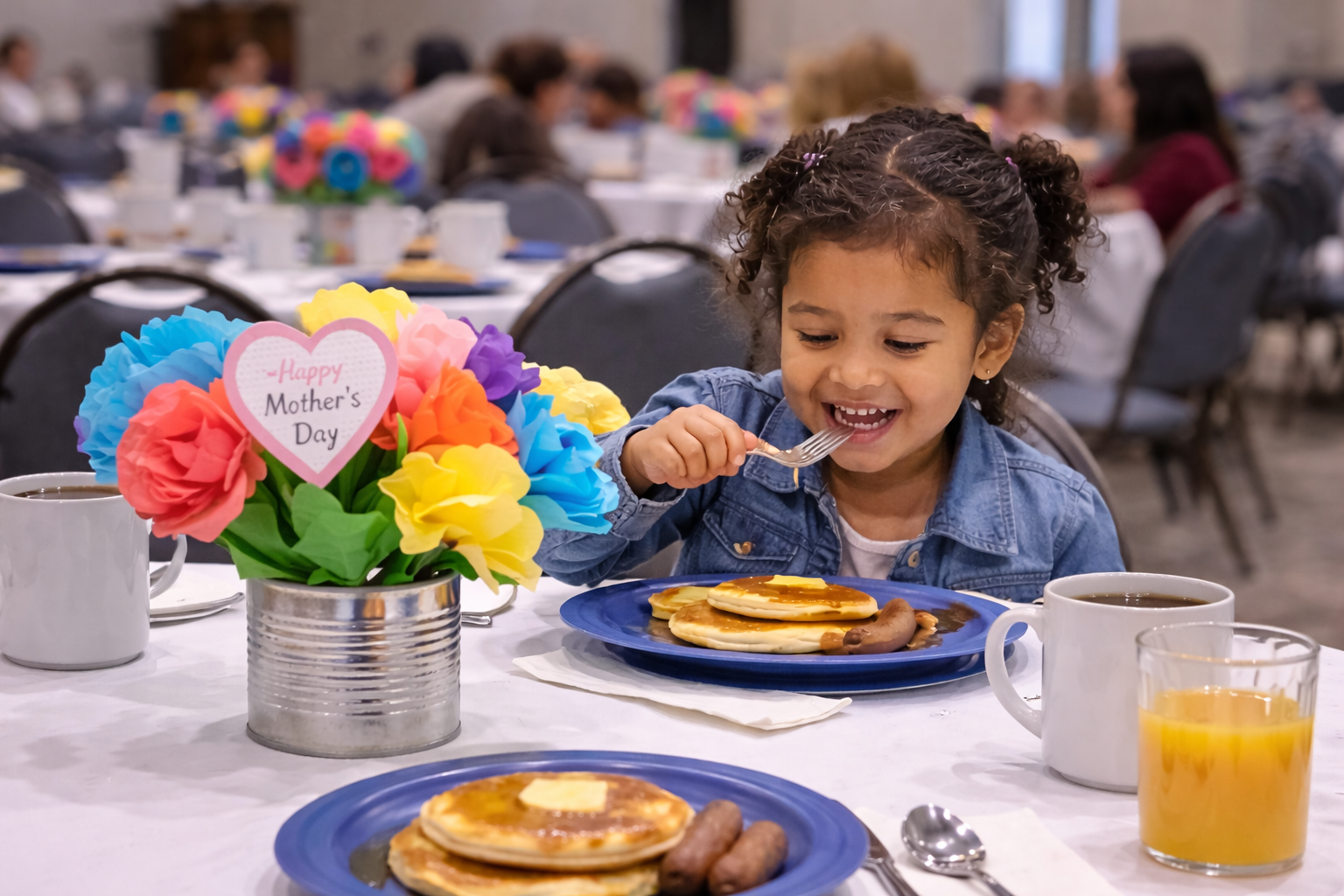 Child eating pancakes at a Mother’s Day brunch in a church setting, representing a community event supporting mothers and families in Winnipeg