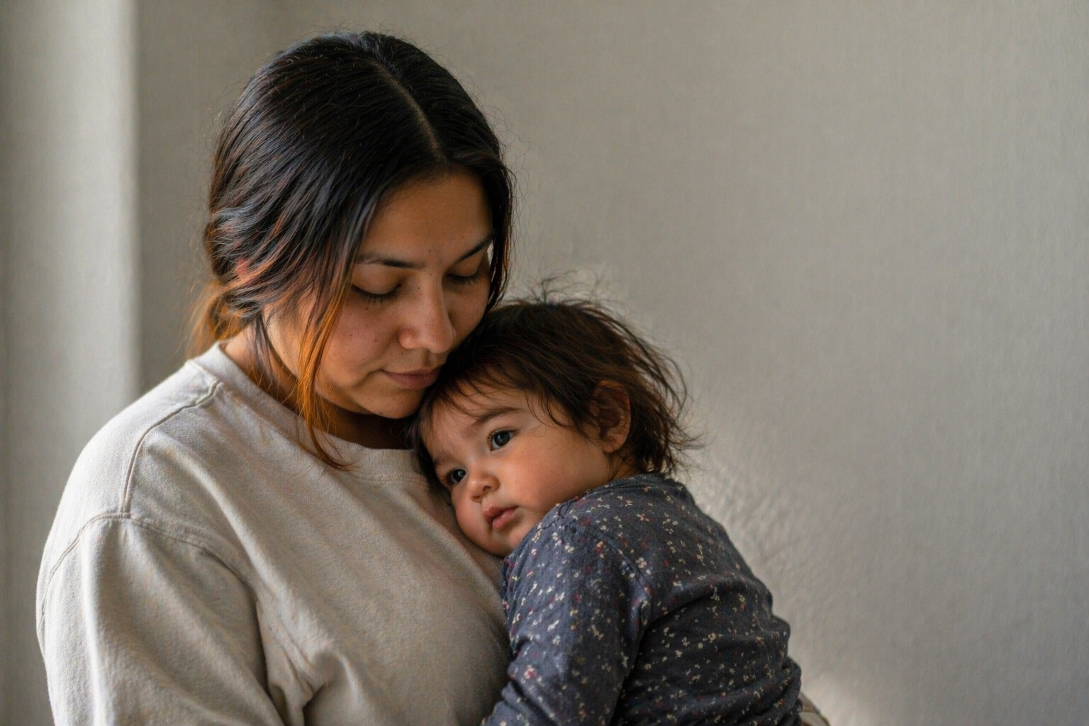 Mother holding her child in a safe home environment, representing support for mothers and children at Selah Place in Winnipeg