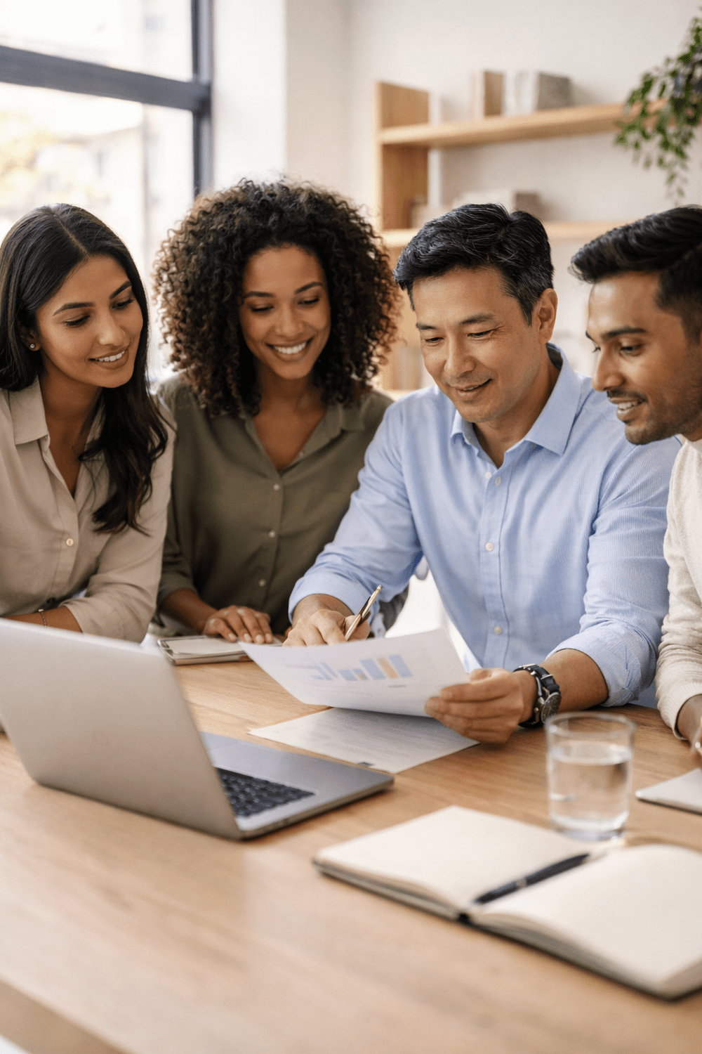 A small business team reviewing their work together