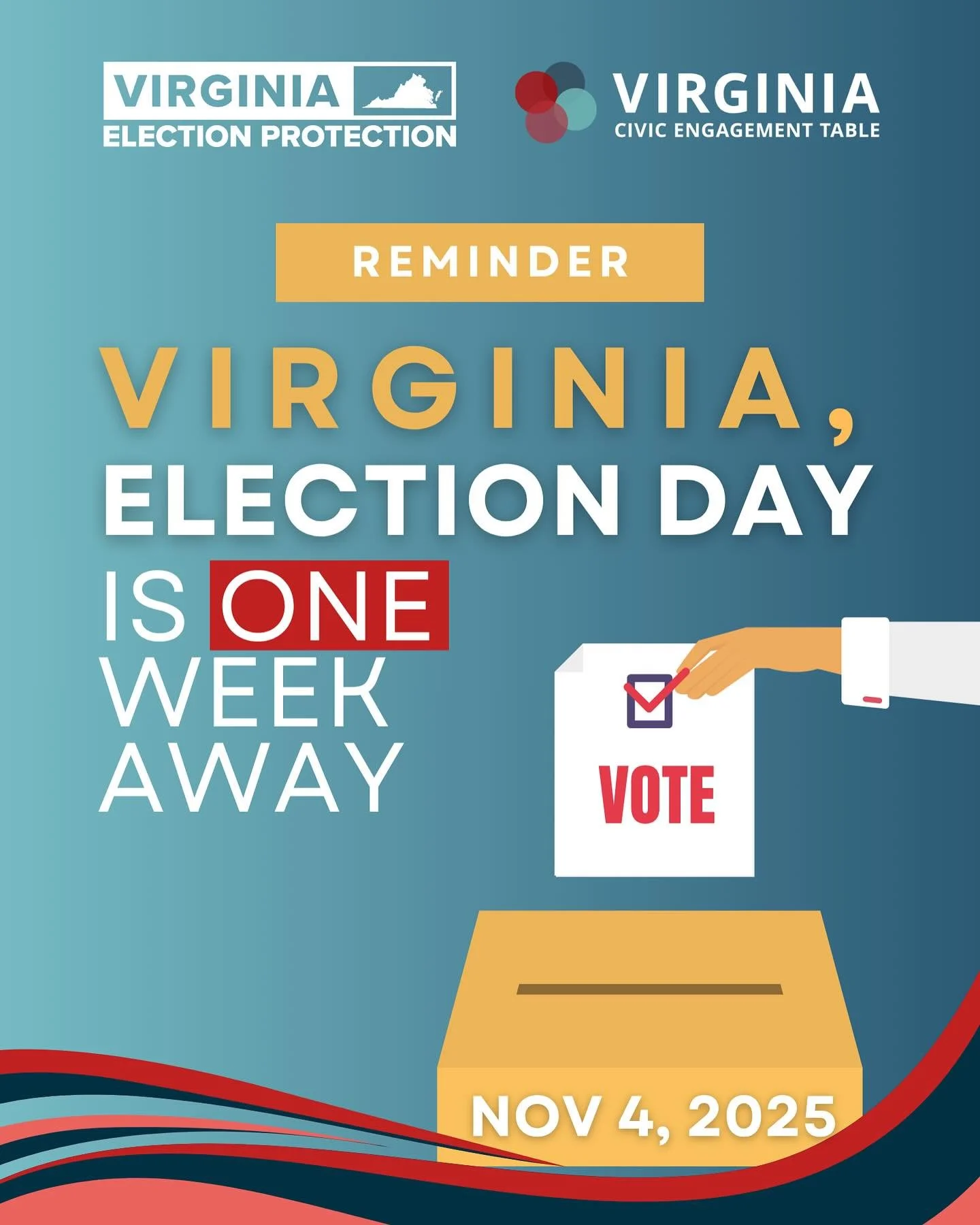 🗳 Reminder: Election Day in Virginia is just one week away &mdash; Tuesday, November 4, 2025!

Make sure you&rsquo;re ready to vote. You can check your registration status or register to vote using the link in our Bio. Every voice matters, every vot