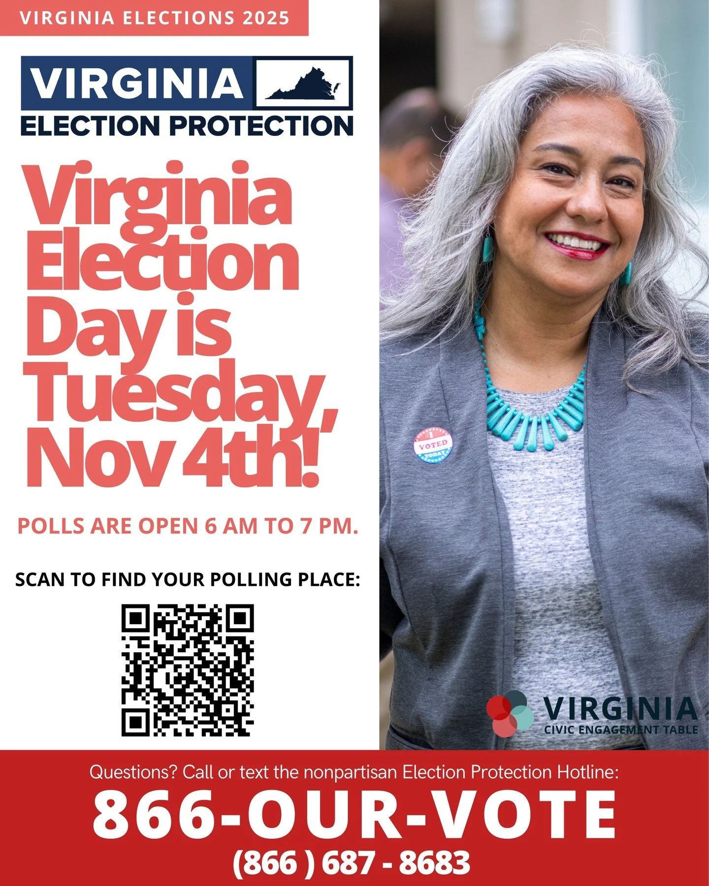 Election Day is on November 4, Virginia!

If you have voting questions or need to find your polling location, call or text 866-OUR-VOTE or visit 866ourvote.org